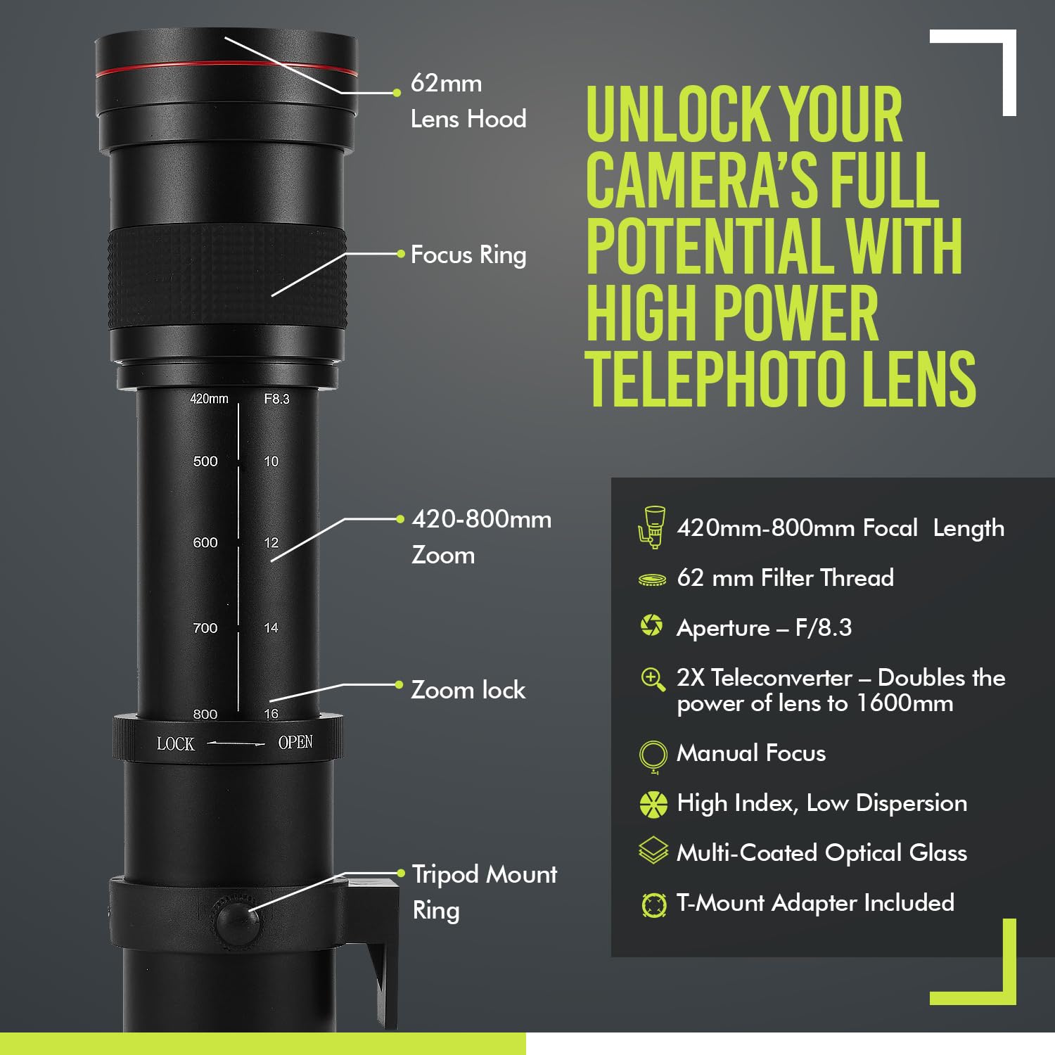 High-Power 420-1600mm f/8 Manual Telephoto Lens for Nikon Z5, Z6, Z6 II, Z7, Z7 II, Z8, Z9, Z30, Z50, Zf, Zfc Mirrorless Cameras 2