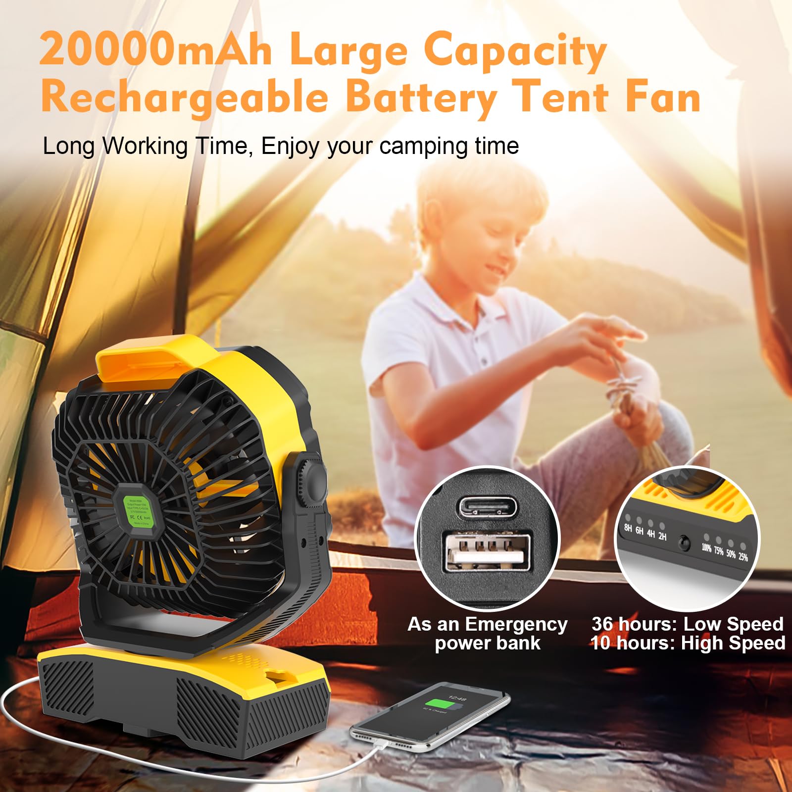RUNTOP 20000mAh Oscillation Camping Fan, Remote Control Rechargeable Battery Operated Outdoor Tent Fan w/Hanging Hook, Portable Personal USB Desk Fan for Camping, Jobsite Tent Travel Beach Bedroom 4