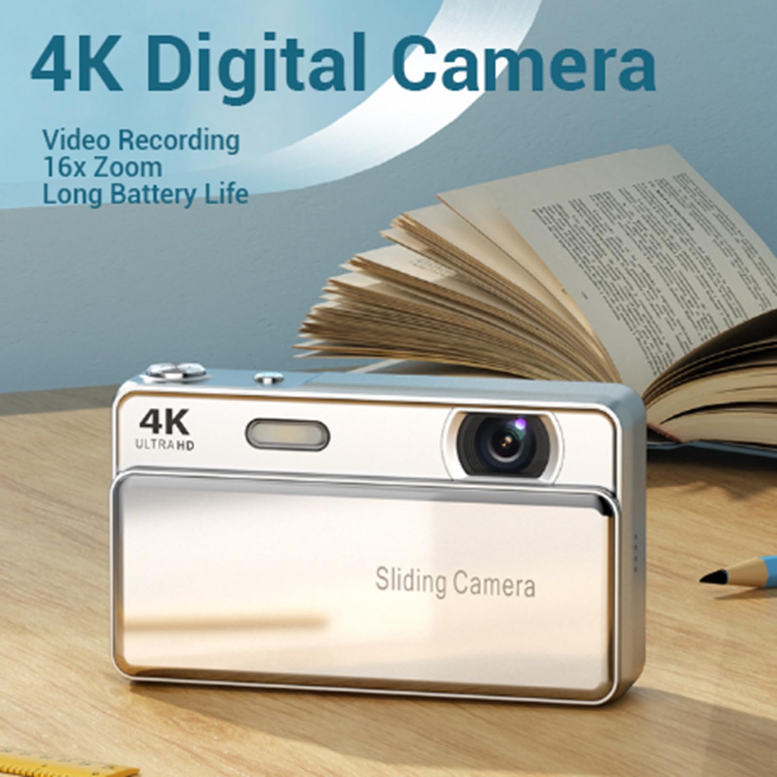 Bewinner 4K Digital Camera - 64MP Retro Sliding Camera with 2.8 Inch Screen, Compact Pockets Cameras for Vlogging and Travel Record (Silver) 6