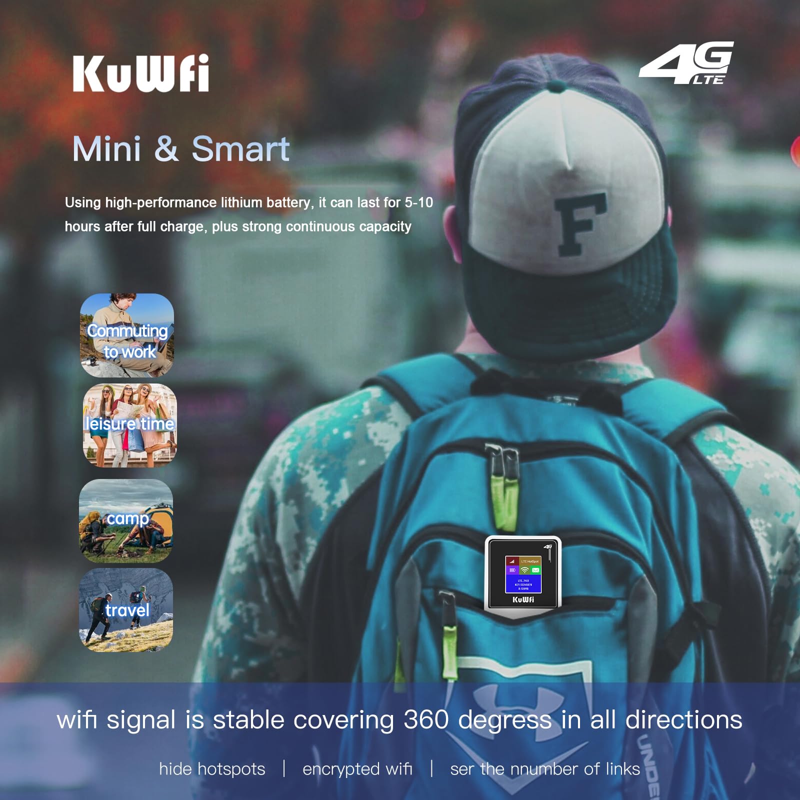 KuWFi Mobile Hotspot Router Device Unlocked, 150Mbps Portable WiFi Hotspot Router for Travel, Pocket WiFi Hot Spot Works Best with AT&T T-Mobile, 10 Connected Devices, B2/B4/B5/B12/B17 Network Band 4