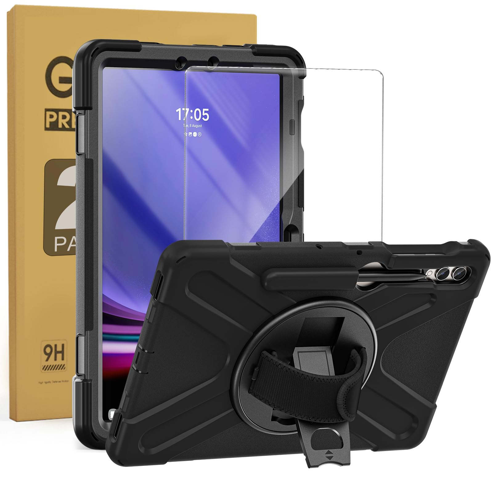 ZenRich Bundle for Samsung Galaxy Tab S9 FE Plus/S9 Plus/S8Plus /S7 FE: 2-Pack Tempered Glass Screen Protectors with Anti-Glare& Rugged Case with Rotatable Kickstand, Hand & Shoulder Straps 1