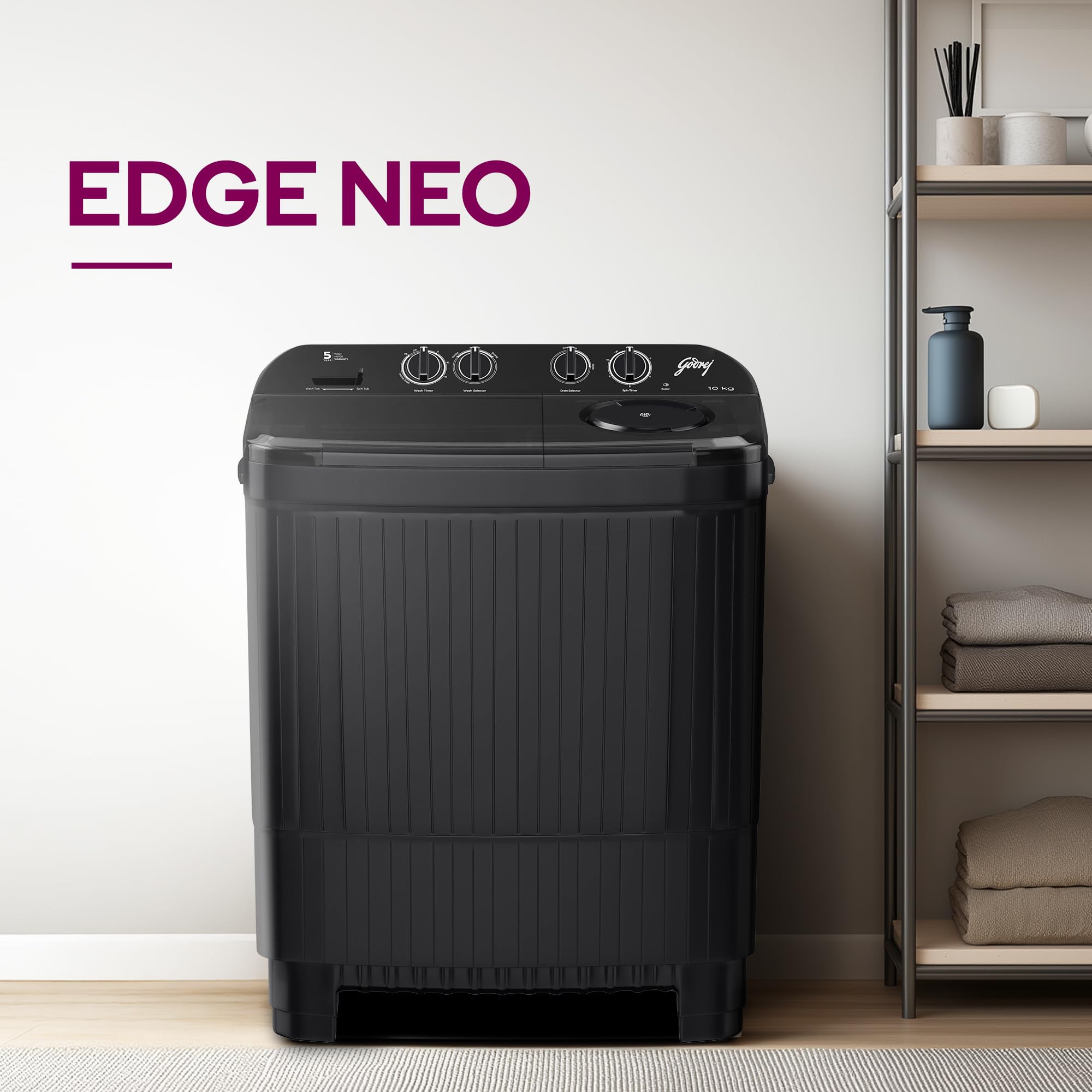 Godrej 10 Kg 5 Star, Tri-Roto Pulsator Ensure Powerful Scrub & Stain Removal, 370 W PowerMax Wash For Heavy Laundry, Semi Automatic Top Load Washing Machine (WSEDGE NEO 100 5.0 PB3 SLGR, Slate Grey) 2