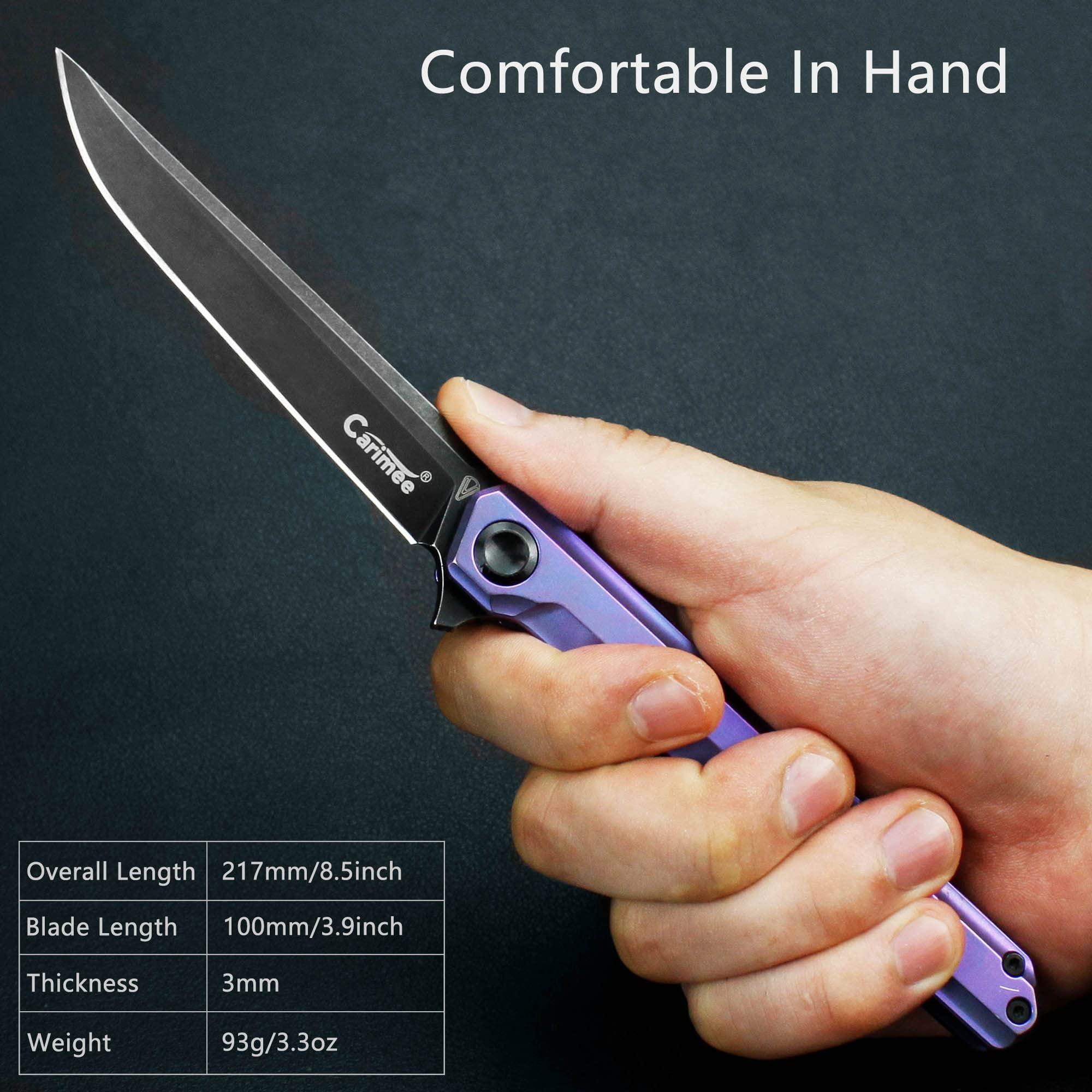Carimee Titanium Handle Pocket Knife, Folding EDC Flipper Knife Gentleman's Carry Knife Gift Box Purple Titanium Handle With Water Proof Case and Stedemon Vouking Collabration 6