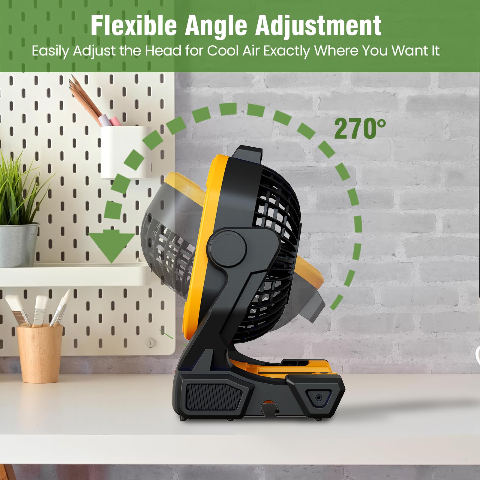 MakeTips Battery Operated Fan for DeWalt 20V Max Battery (Not Included) – High Airflow Portable Cordless Camping & Jobsite Fan with 4 Speeds, AC Adapter, LED Lights & Hanging Hook for Outdoor Use 5