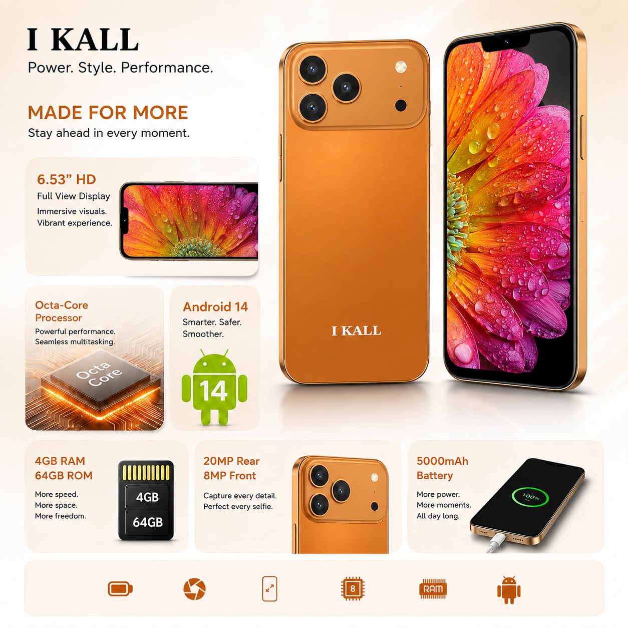 IKALL Z10 Pro Mobile Phone, Android 14, 6.53-inch HD Display, 4GB RAM, 64GB Internal Storage, Octa-Core Processor, 20MP + 8MP Camera, 5000mAh Battery, Dual SIM 4G Smartphone (Orange) 3