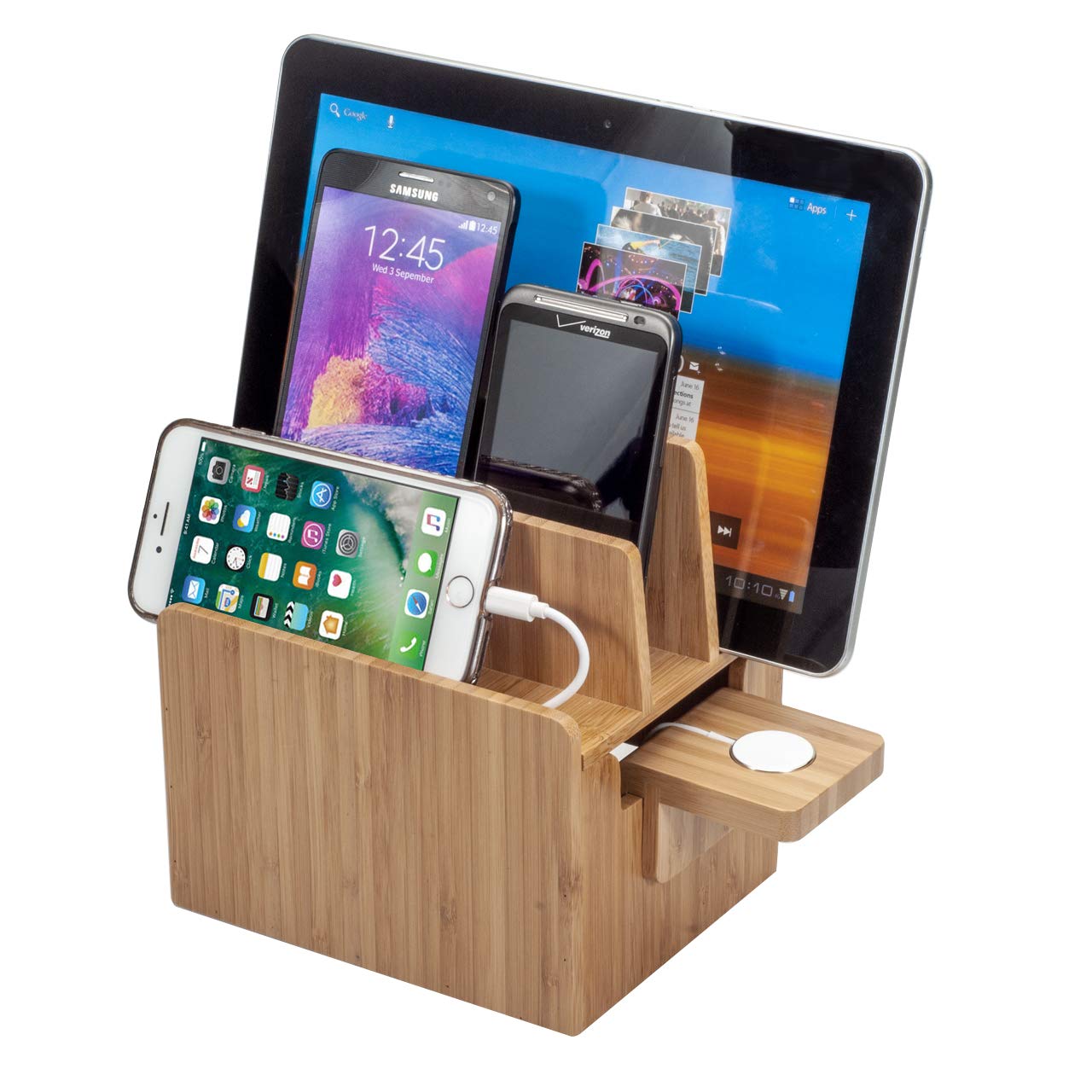 MobileVision Bamboo Charging Station with Compatible Apple Watch Charger Adapter Plus Apple Approved MFI Cable 1