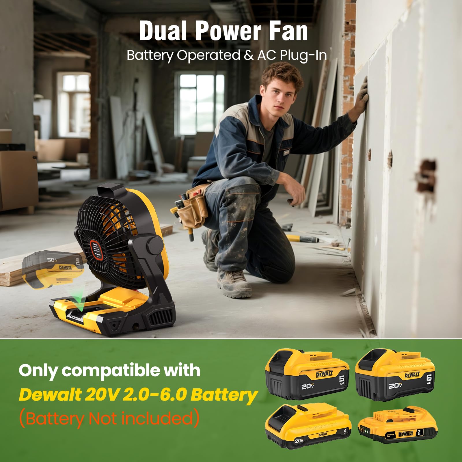 MakeTips Battery Operated Fan for DeWalt 20V Max Battery (Not Included) – High Airflow Portable Cordless Camping & Jobsite Fan with 4 Speeds, AC Adapter, LED Lights & Hanging Hook for Outdoor Use 3