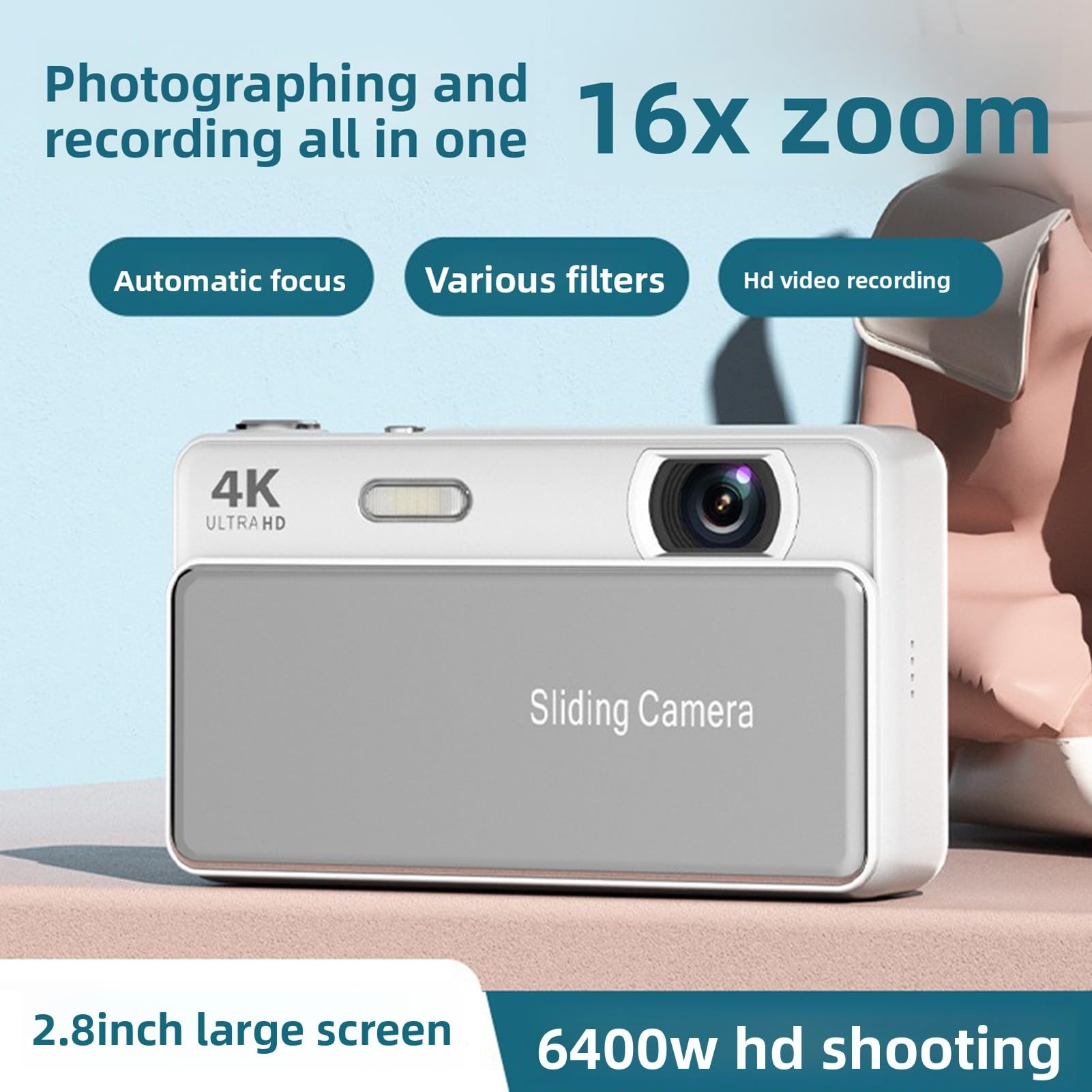 Bewinner 4K Digital Camera - 64MP Retro Sliding Camera with 2.8 Inch Screen, Compact Pockets Cameras for Vlogging and Travel Record (Silver) 5