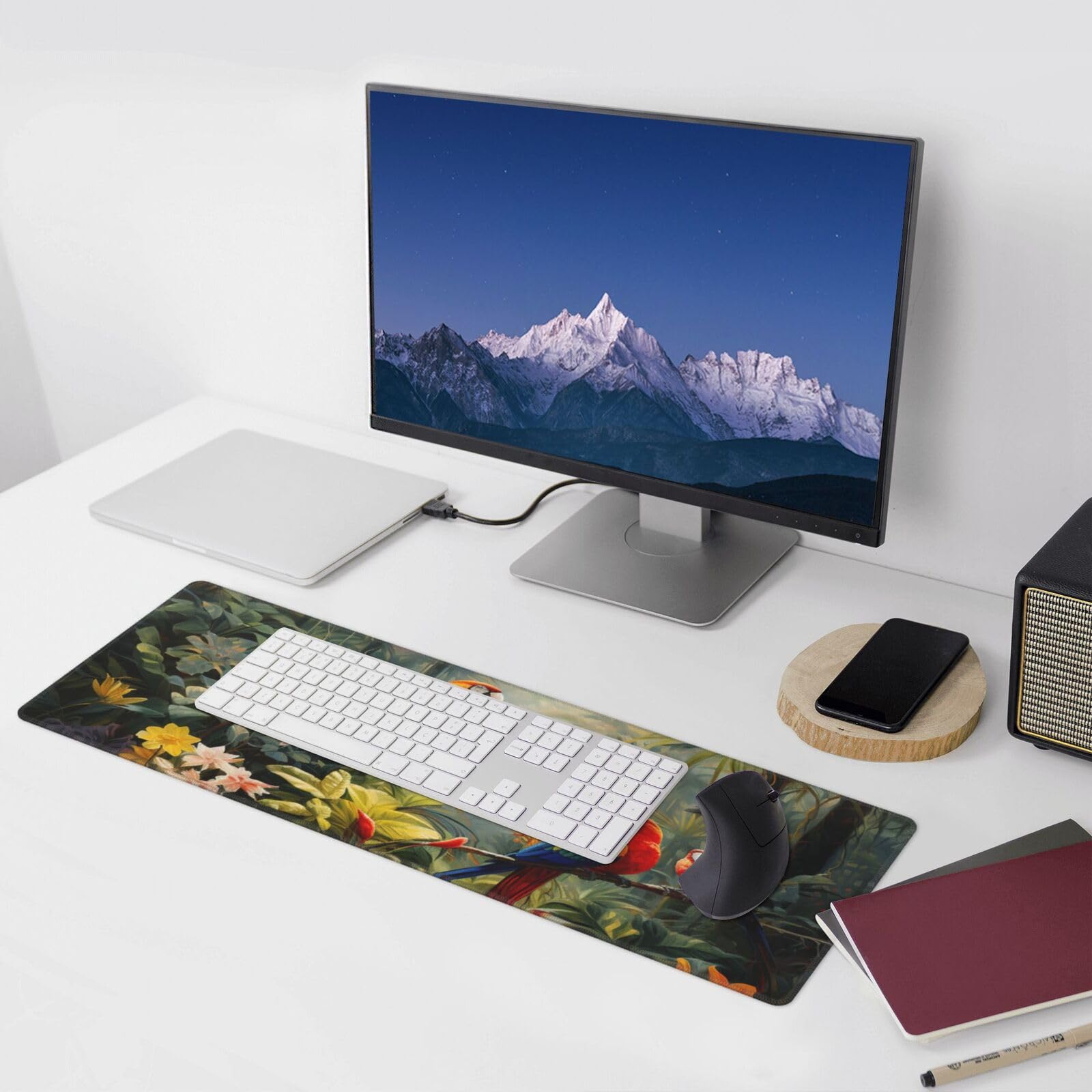 Famame Laptop Mouse Pad Parrots on Tropical Plants Desk Mat with Stitched Edges 31.5X 11.8 inch Non-Slip Large Keyboard Rubber Writing Table Mat for Office Home 3
