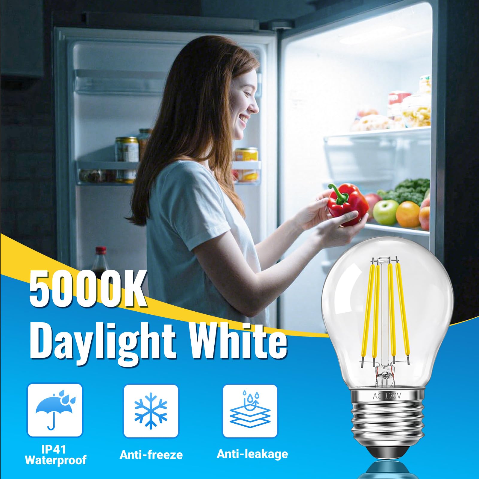 G45 LED Edison Filament Bulb 4W (40 Watt Equivalent), 5000K Daylight LED Refrigerator Light Bulb, E26 Base Clear Glass Small Globe Light Bulbs for Pendant Lights & Chandeliers, Non-Dimmable, 2 Pack 4