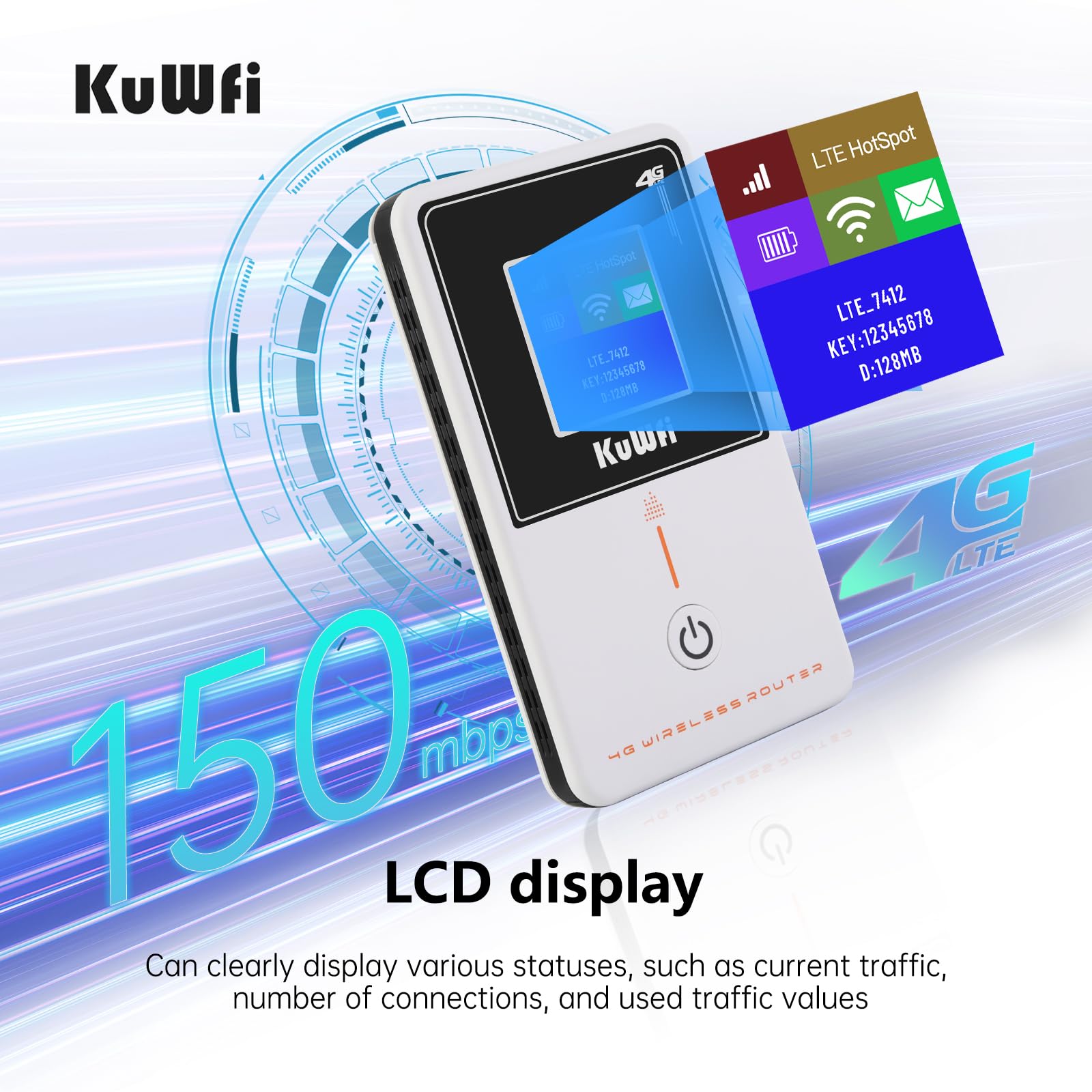 KuWFi Mobile Hotspot Router Device Unlocked, 150Mbps Portable WiFi Hotspot Router for Travel, Pocket WiFi Hot Spot Works Best with AT&T T-Mobile, 10 Connected Devices, B2/B4/B5/B12/B17 Network Band 6