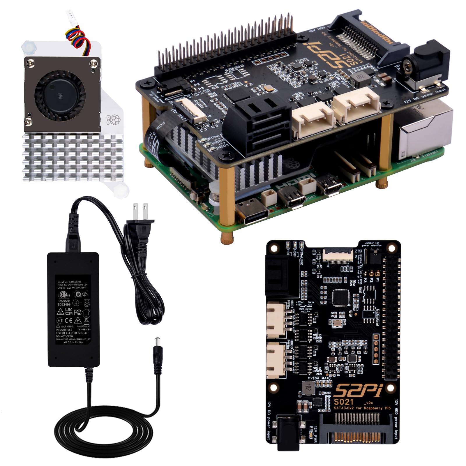 GeeekPi S021 SATA 3.0x2 for Raspberry Pi 5, with Active Cooler and 12V 6A Power Supply 1