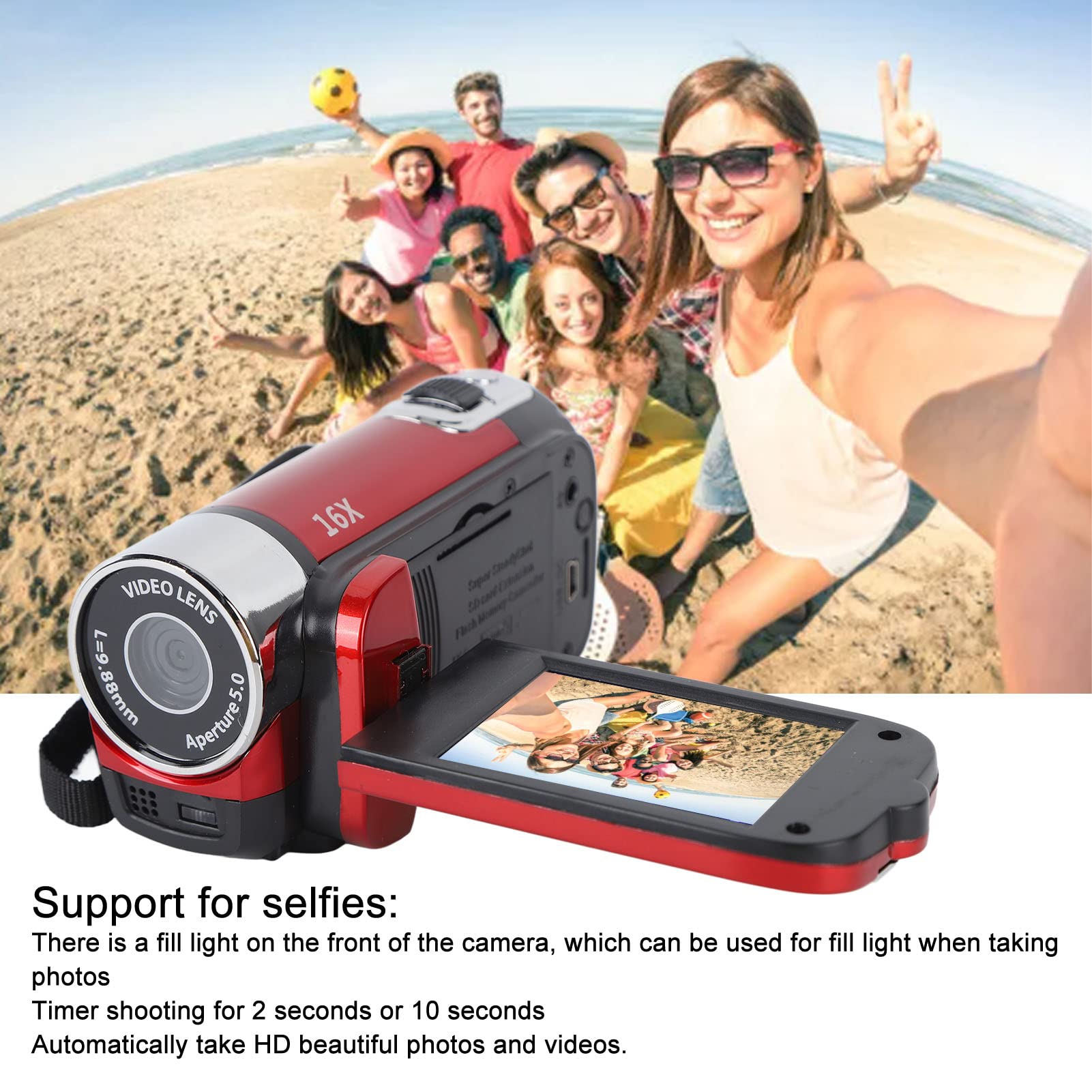 Pomya Digital Camera Recorder, 1080P 16X Digital Zoom Camcorder with 2.7 Inch Flip Screen, Vlogging Camera Recorder with USB Cable, Travel Video Recording Camera for Friends Family (Red) 2