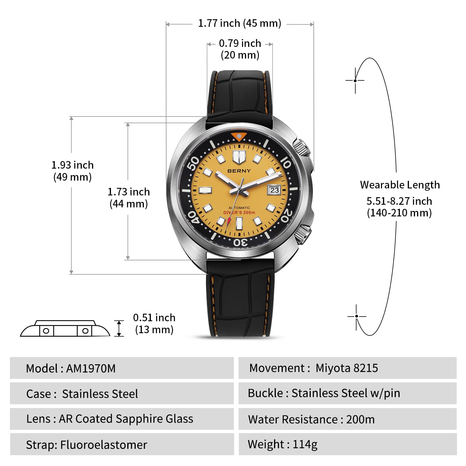 BERNY Automatic Watch for Men, 200M Waterproof Dive Watch, AR Sapphire Lens 6