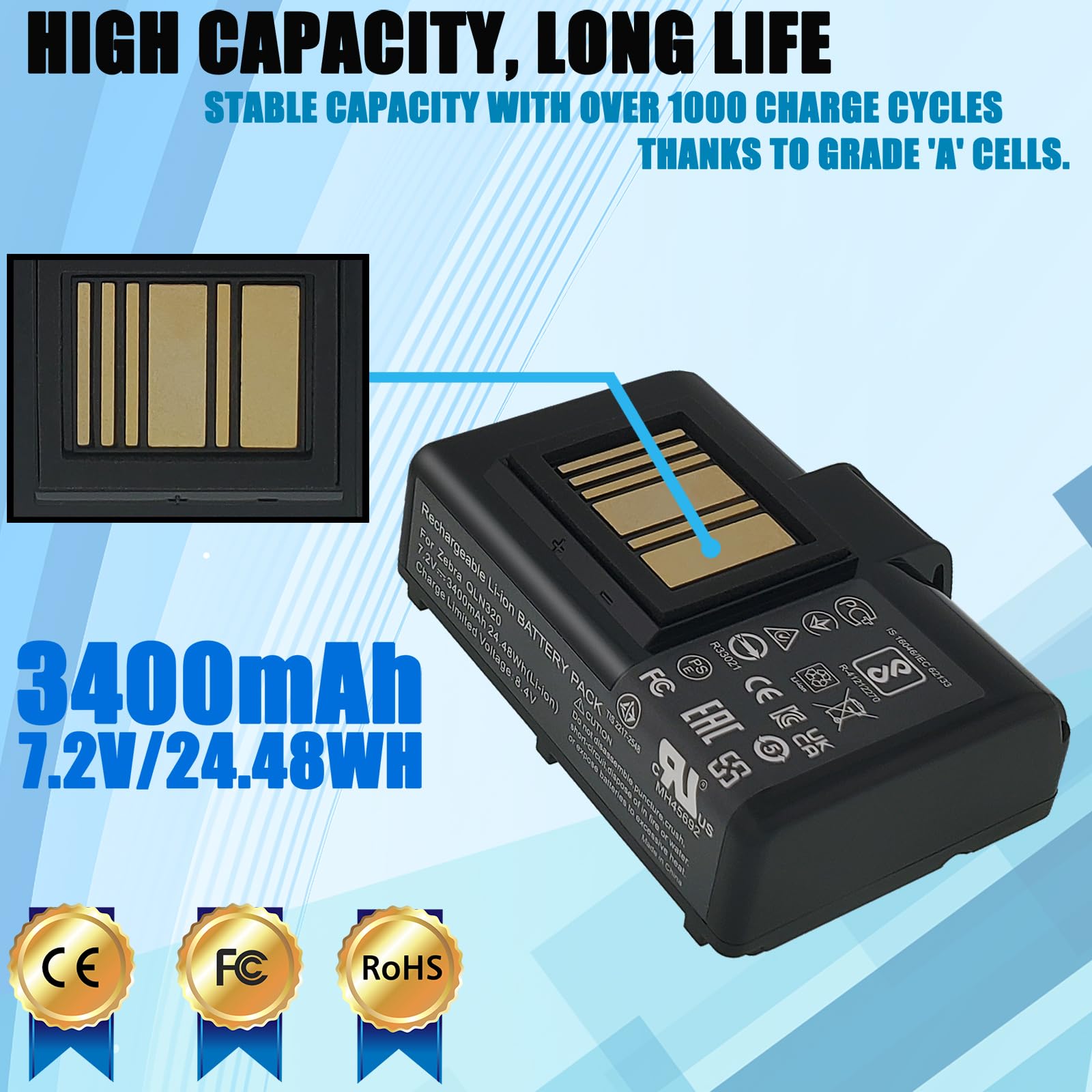 LAQUEENA 5-Pack QLN320 Battery Compatible with Zebra Printer ZQ520 ZQ521 QLN320 QLN220 QLn220HC ZR628 ZR638 ZR658 ZR668 ZQ610 ZQ620 ZQ500 ZQ510 QLN320HC 3