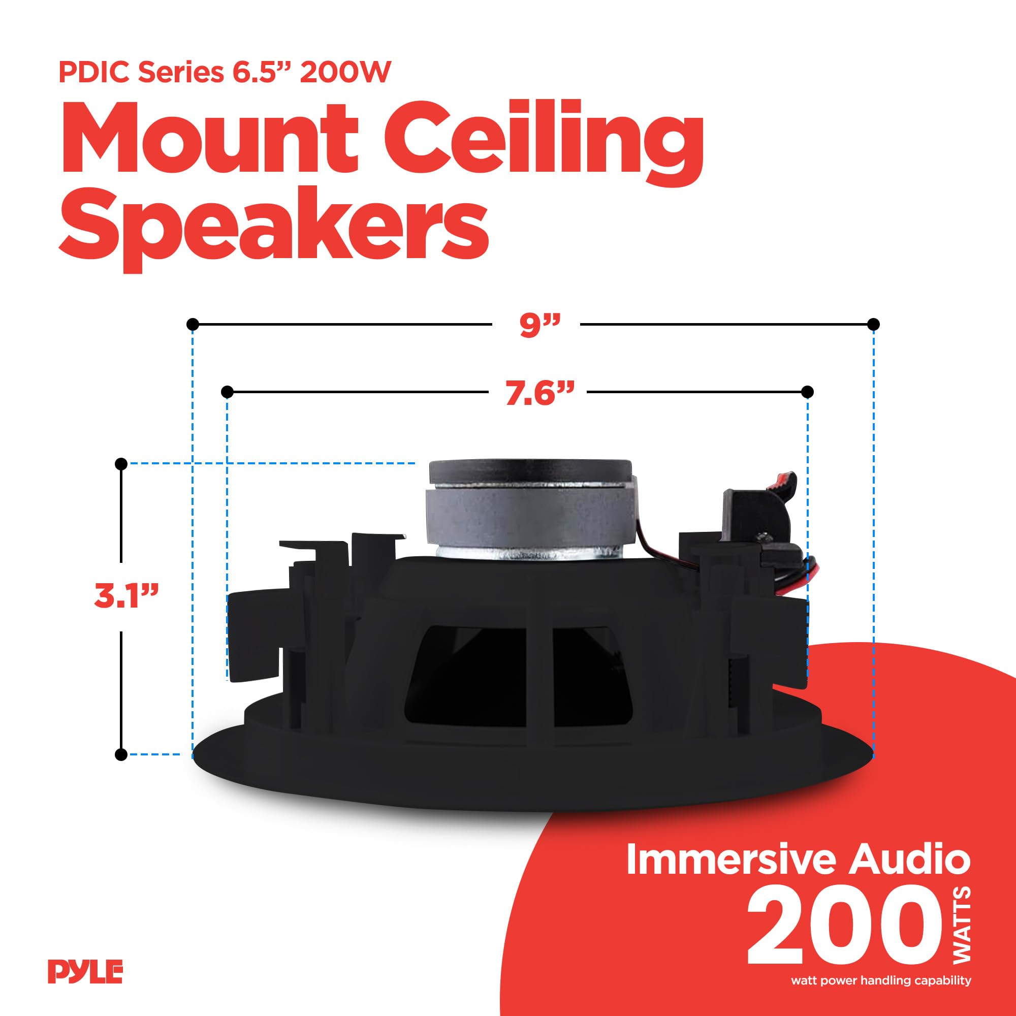Pyle 2 Pair Speakers, 200W 6.5" Flush Mount in Wall/in Ceiling Speakers with Spring-Loaded Terminals, PDIC Series, Black 4
