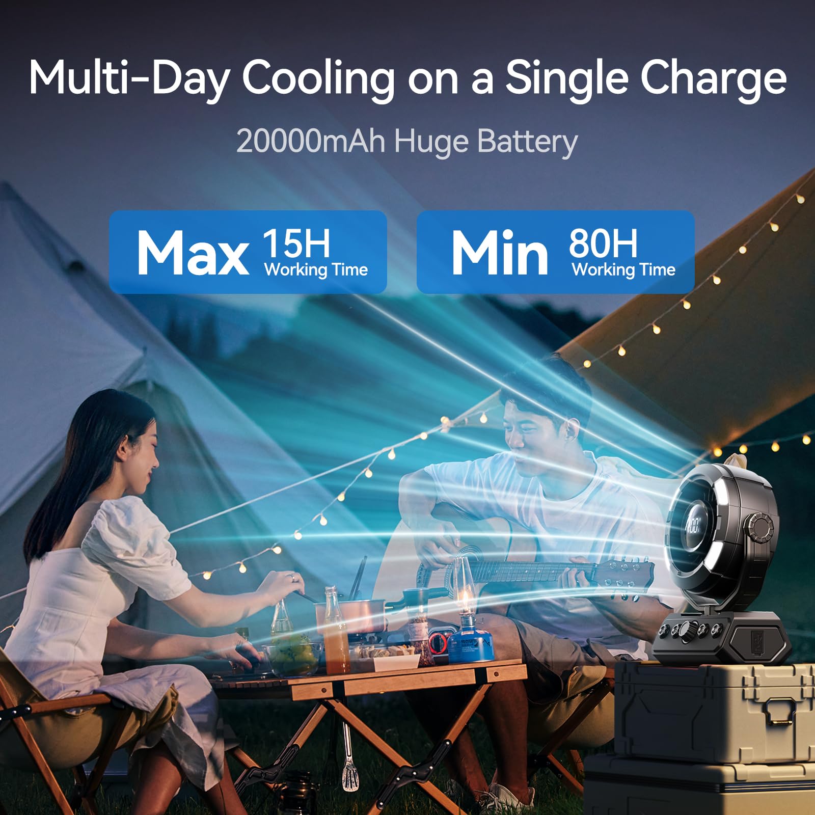 KIMMOO 20000mAh Camping Fan with Light, 80Hrs Max Cooling, 100 Speeds, Portable Fan Rechargeable with Hook, Remote, Timer, 180° Oscillation, Battery Powered for Outdoor Tent Beach Travel BBQ (Black) 3