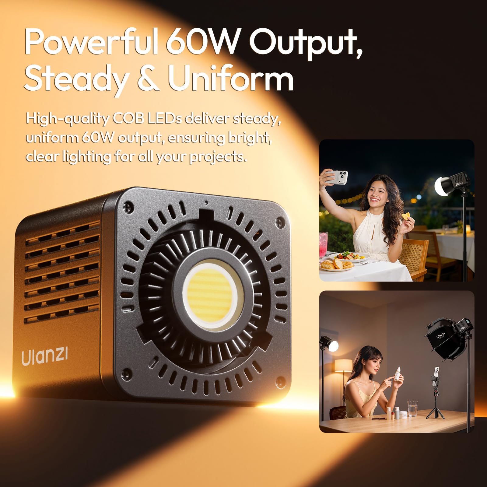 ULANZI C60 60W Bi-Color COB Video Light, Mini Bowens Mount LED Photography Continuous Output Lighting, 2500K–6500K CRI≥95 & ULANZI 11.8 inch Mini Bowens Softbox Lantern with Storage Bag Combo 6