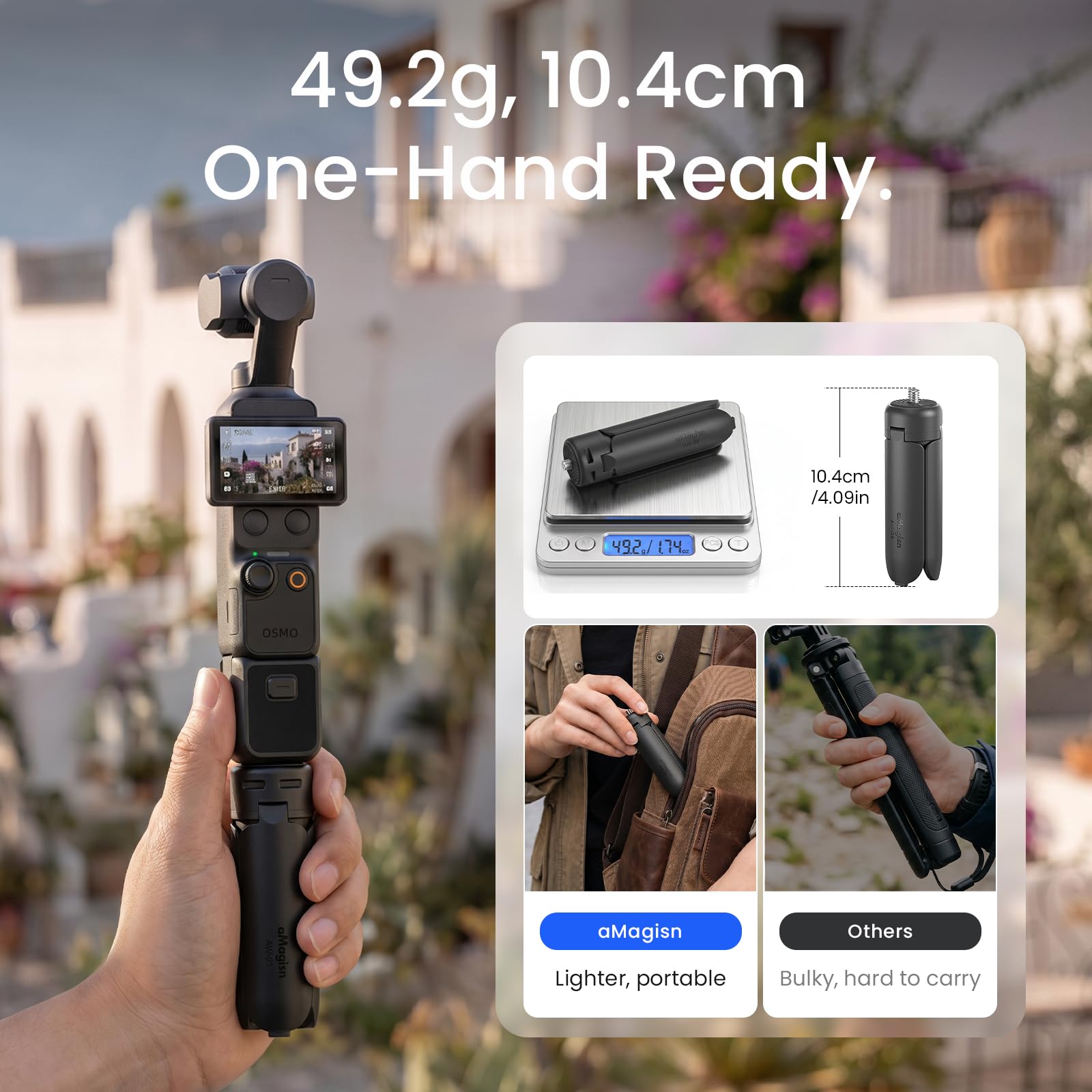 aMagisn One-Touch Open Mini Tripod for DJI Osmo Pocket 4P/4/3, Insta360 Luna Ultra/X6/X5/Ace Pro 2, Small Desktop Stand & Handheld Grip with 1/4" Screw for Action 6/GoPro/Phone 6