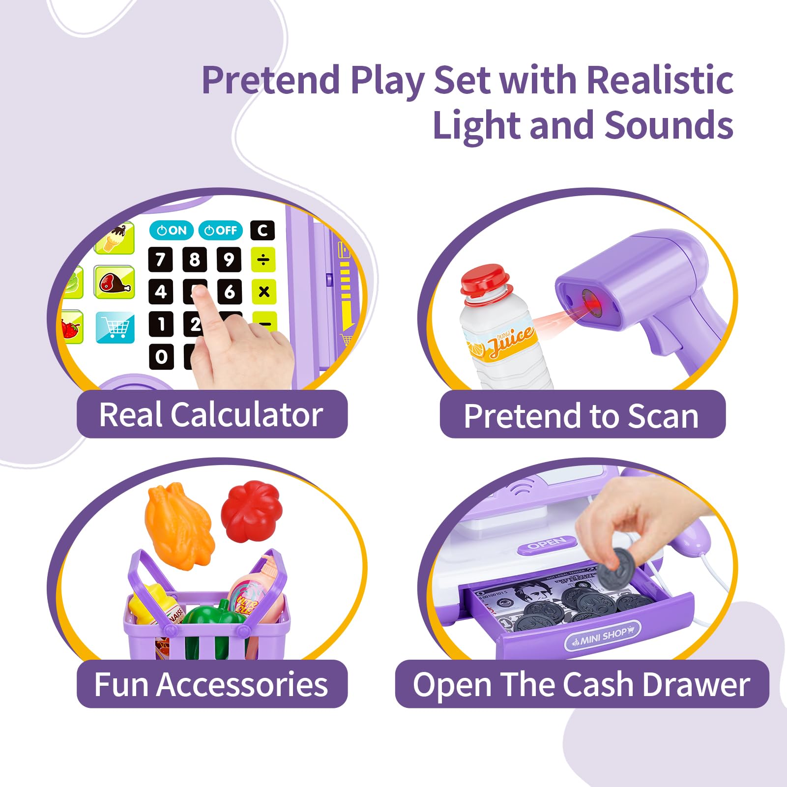 FS Pretend Play Cash Register Toy Preschool Gift for Kids, Classic Count Toy with Sound, Microphone, Scanner, Credit Card, Play Food for Boys & Girls, 57 Pieces Play Set, Ages 3 4 5 6 7, Purple 3