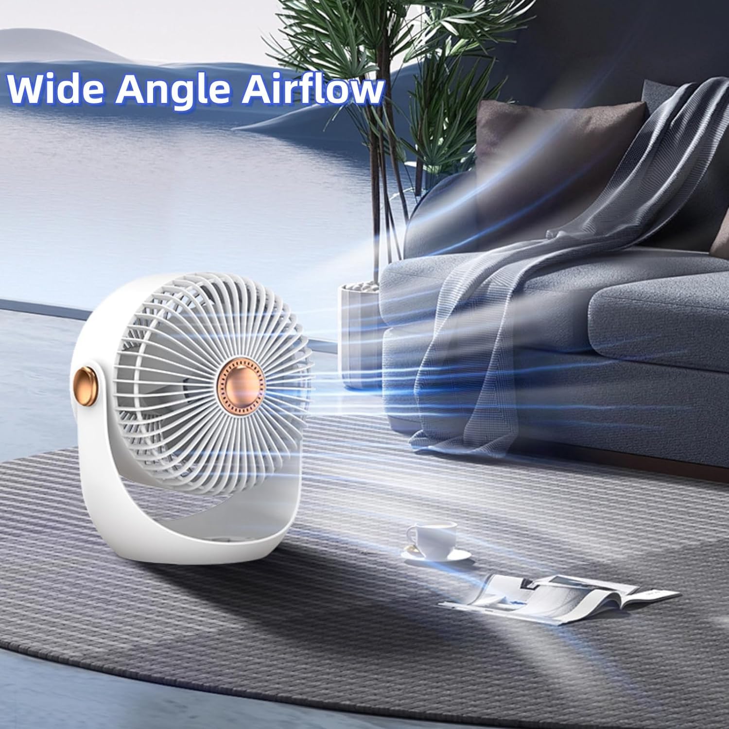 Akari AK-6 Rechargeable Table Fan | Battery Operated Mini Fan with USB Type-C & LED Light | 3 Speed Portable Desktop Fan for Home & Office Use | White 2