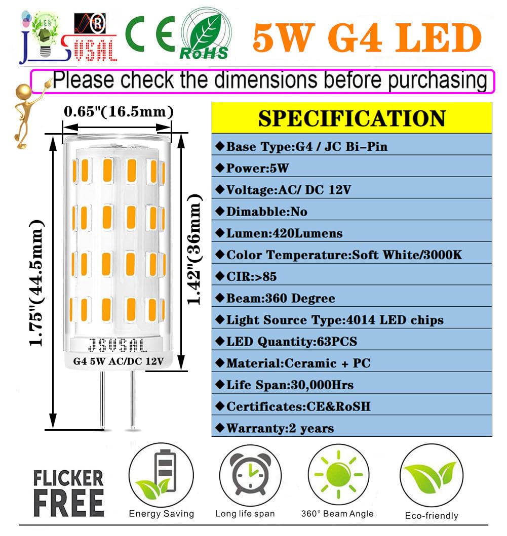 JSVSAL G4 LED Bulb Non Dimmable, 5W Soft White 3000K,Bi-pin T3 JC Type 12V AC/DC,T3 Halogen Bulb Equivalent for Landscape Lighting Deck Stair Step Path Paver Lights,Home Lighting,6-Pack 3