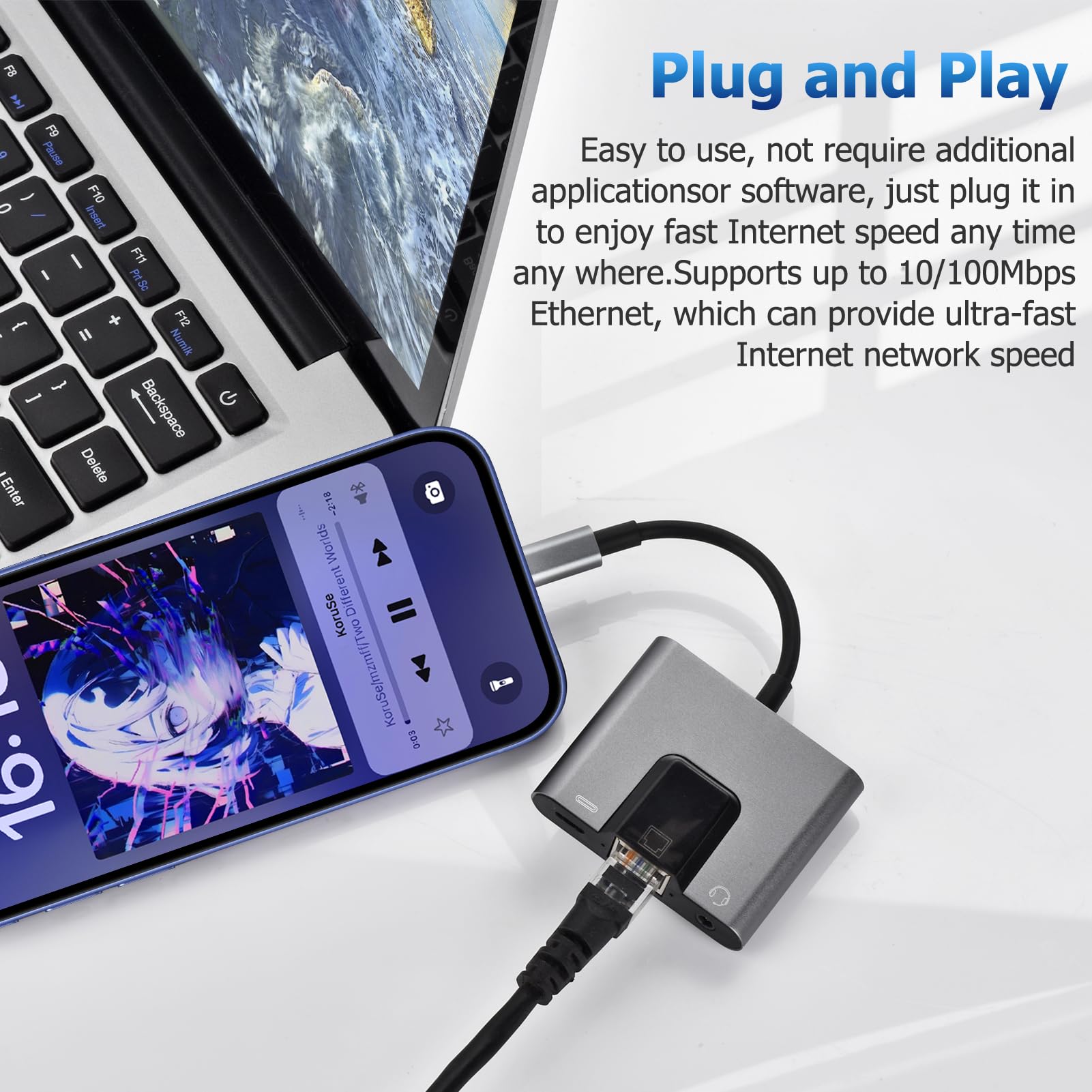 Enbiawit Type C to RJ45 Ethernet Adapter Network Adapter, Support 10/100Mbps Ethernet Network, with Type C Charge Port and 3.5mm Audio Jack, Compatible with iPhone 15/16/Android/i-Pad Pro/Mac/Galaxy 5