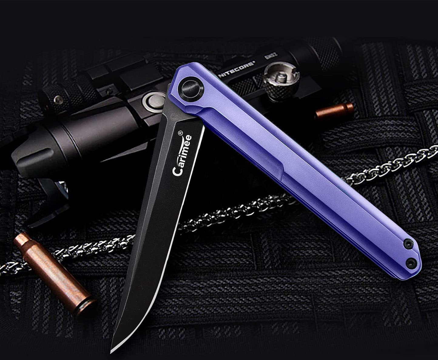 Carimee Titanium Handle Pocket Knife, Folding EDC Flipper Knife Gentleman's Carry Knife Gift Box Purple Titanium Handle With Water Proof Case and Stedemon Vouking Collabration 3