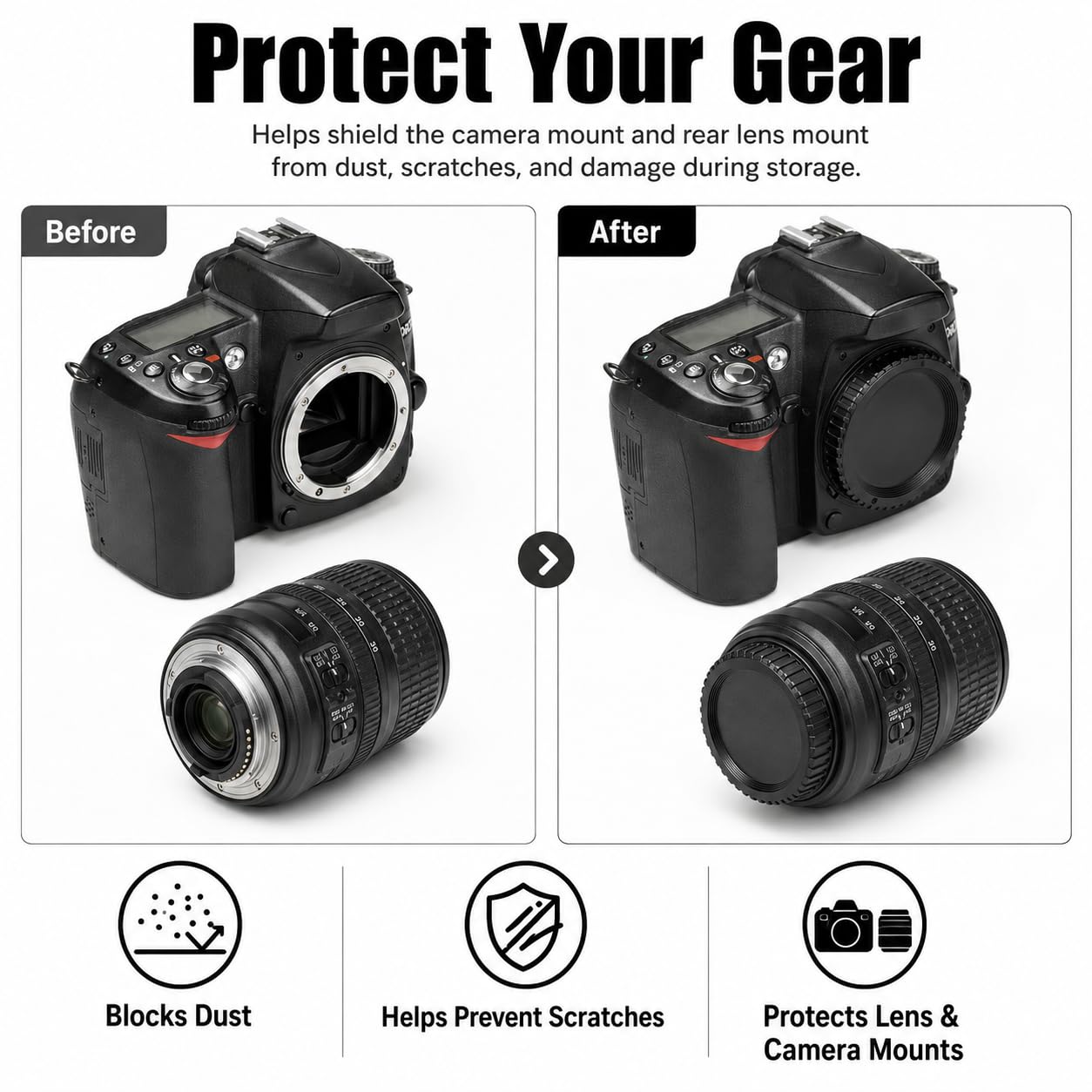 Pacezy Front Body Cap and Rear Lens Cap Cover for Nikon D7500 D7200 D7100 D7000 D5600 D5300 D5200 D5100 D3500 D3400 D3300 D3200 D3100 D850 D810 D800 D750 D600 D90 D80 More Nikon F Mount DSLR and Lens 4