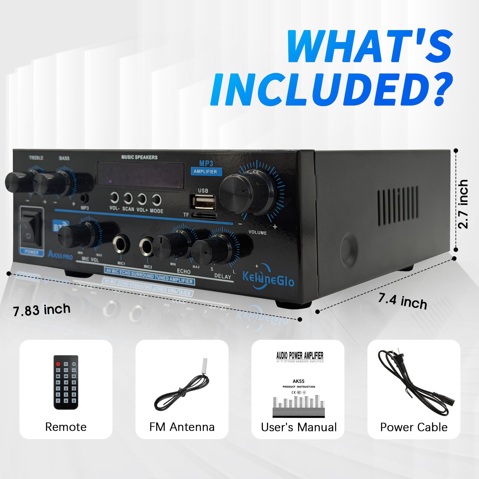 KG AK55 PRO Home Audio Amplifier Receiver — Dual-Channel (Max 500W / RMS 25W x 2) Stereo Amplifier, Bluetooth 5.0 Speaker Amp, Supports FM Radio/USB/SD Card Playback, Includes Remote Control 5