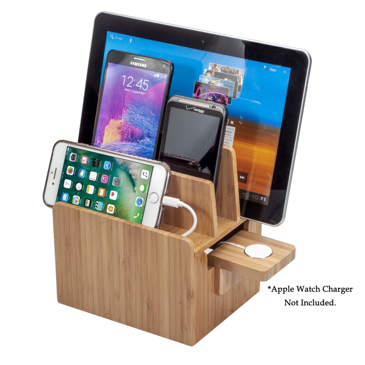 MobileVision Bamboo Charging Station with Compatible Apple Watch Charger Adapter Plus Apple Approved MFI Cable 3