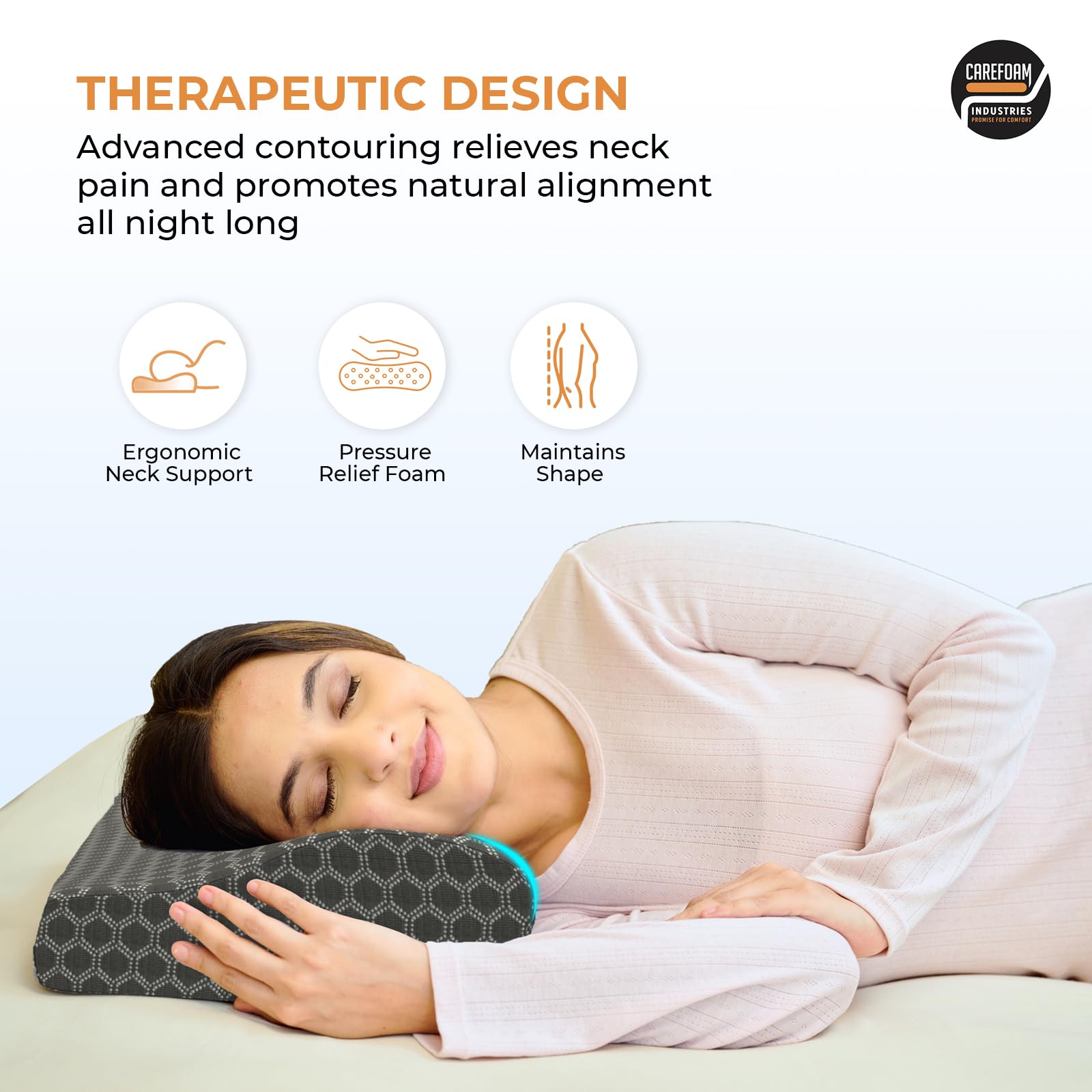 CareFoam Contour Cervical Gel Memory Foam Pillow | 2-Year Manufacturing Warranty | Ergonomic 3-Zone Orthopedic Pillow for Neck Support & Cervical Spine Alignment | Made in India |19 x 11 x 4 Inch 4