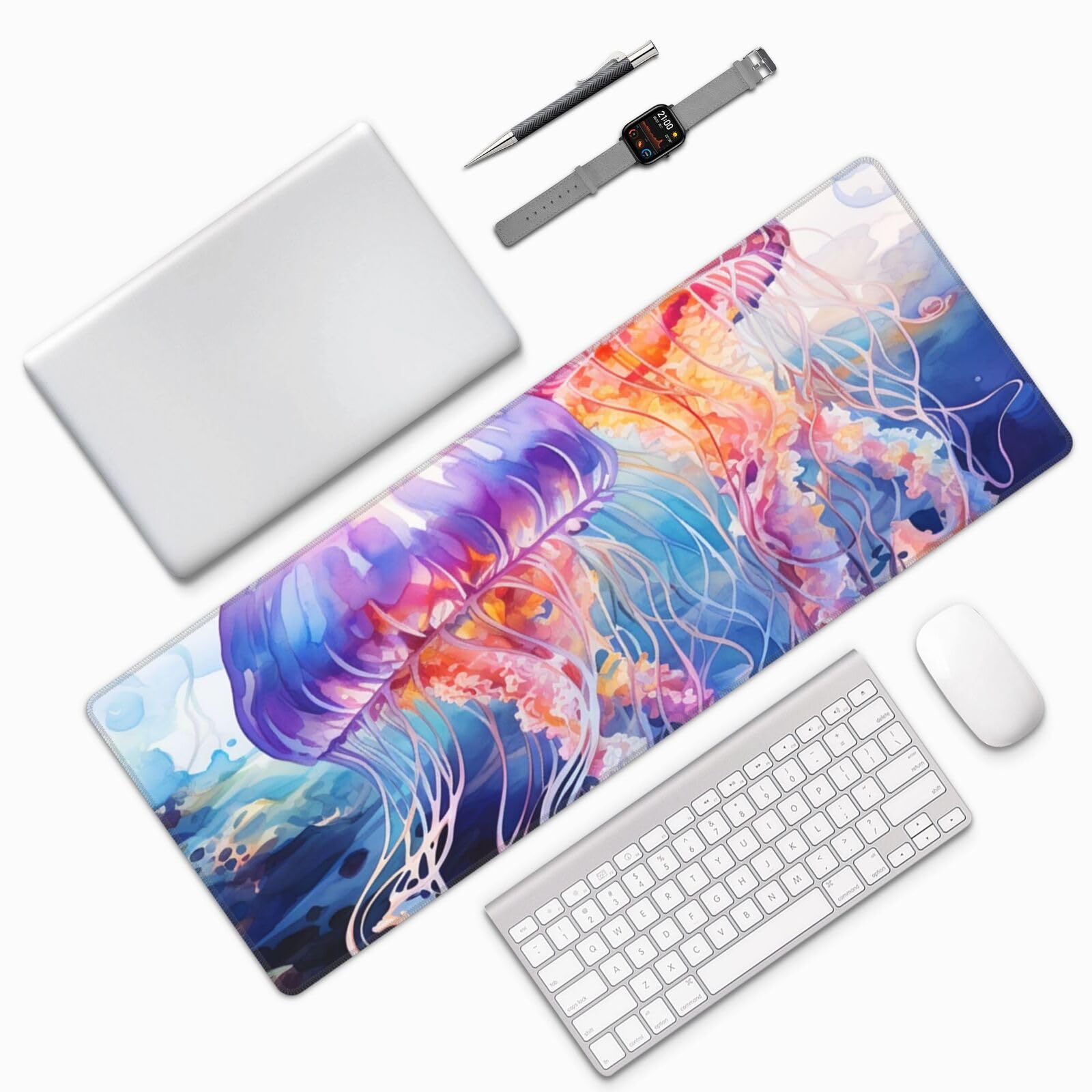 Famame Laptop Mouse Pad Beautiful Jelly Fish Desk Mat with Stitched Edges 31.5X 11.8 inch Non-Slip Large Keyboard Rubber Writing Table Mat for Office Home 2