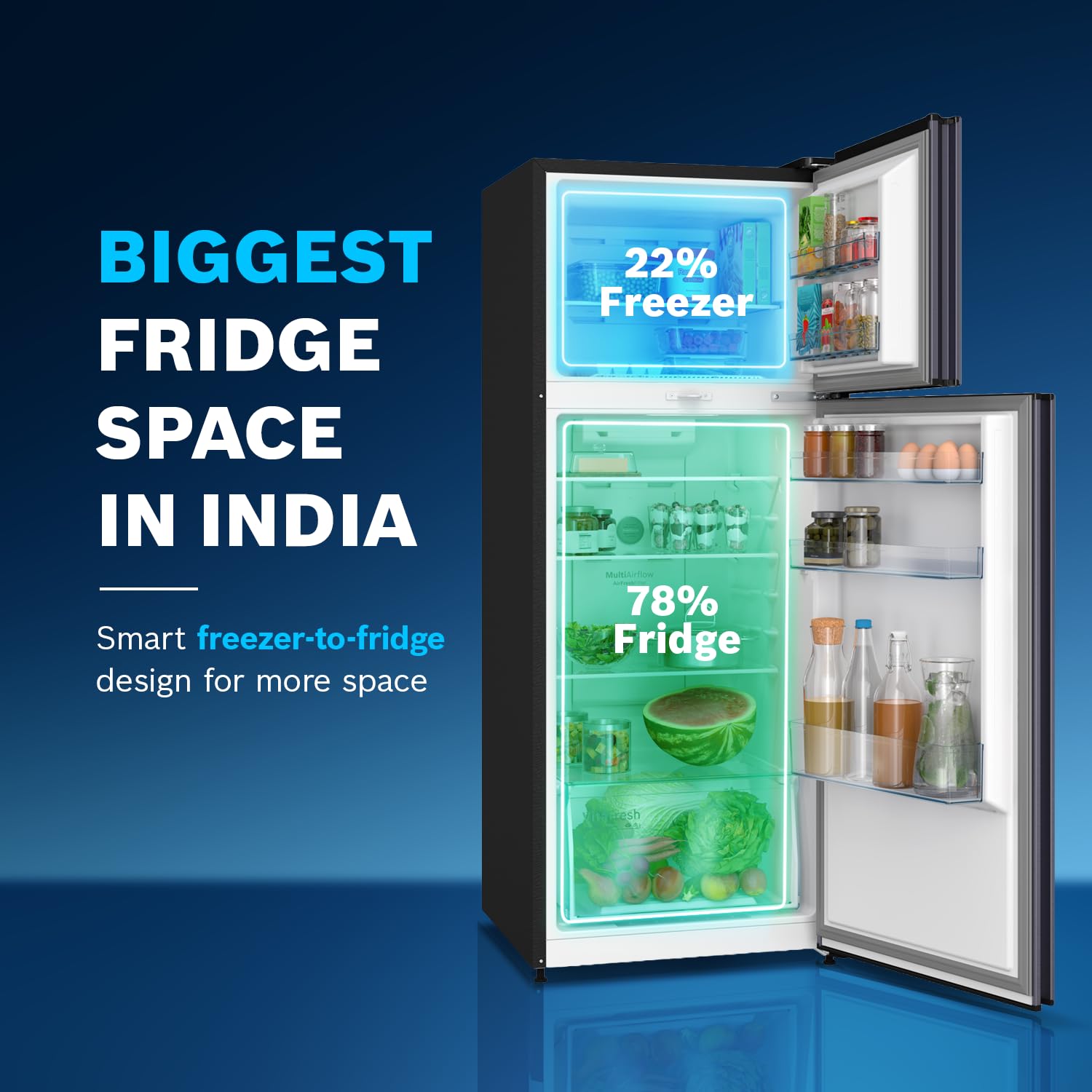 Bosch 243L, 2 Star, Frost Free Double Door Refrigerator | 6-in-1 Convertible Modes | 80min Convert | Touch Panel | Extend Cool up to 18 hrs | SuperFreeze (CTC27U12VI, Dark Lake, 2026) 4