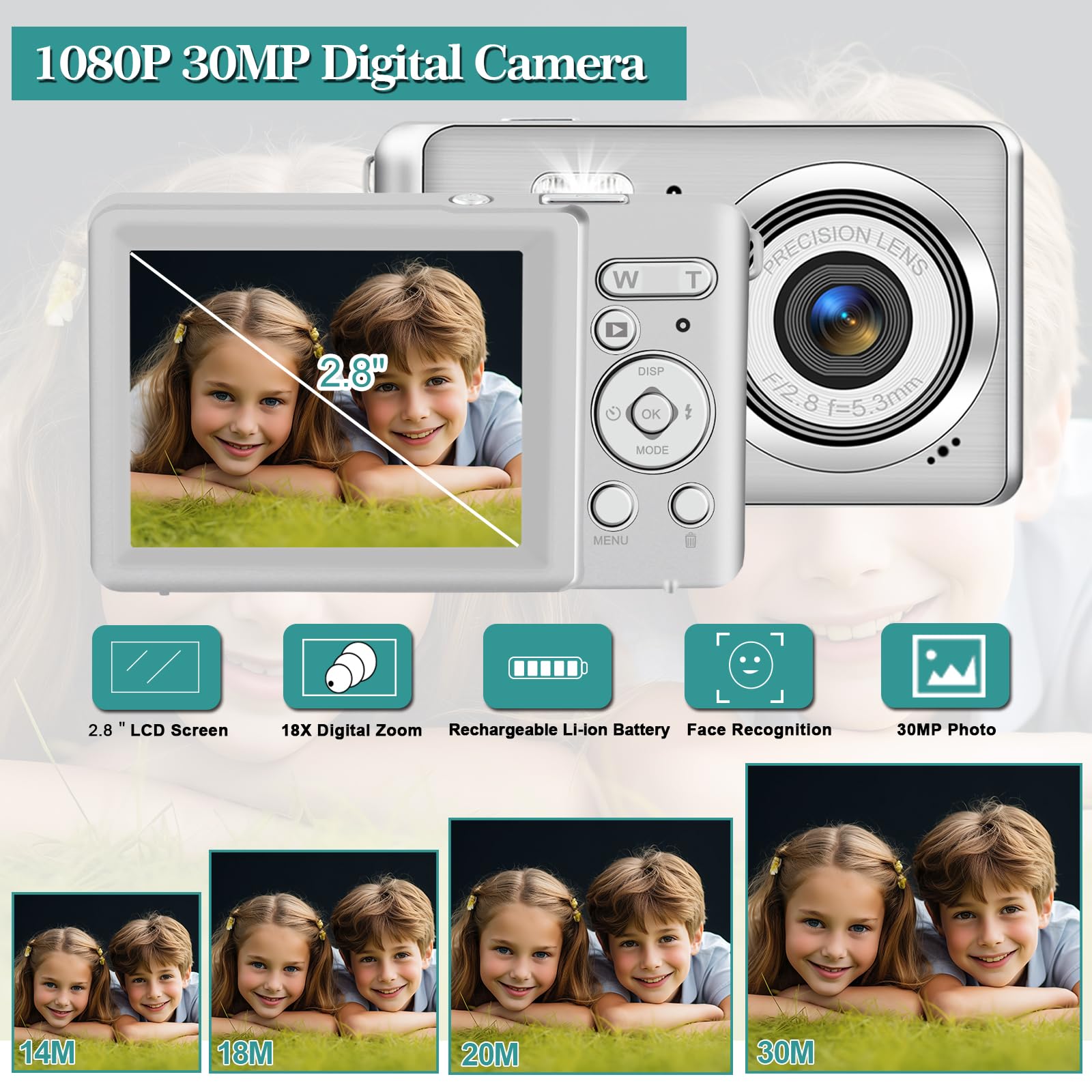 ISHARE Kids Digital Camera 30MP 1080P, Compact Pocket Camera with 18X Zoom, 2 Batteries & 32GB Card for Beginners Teens Seniors (Silver) 4