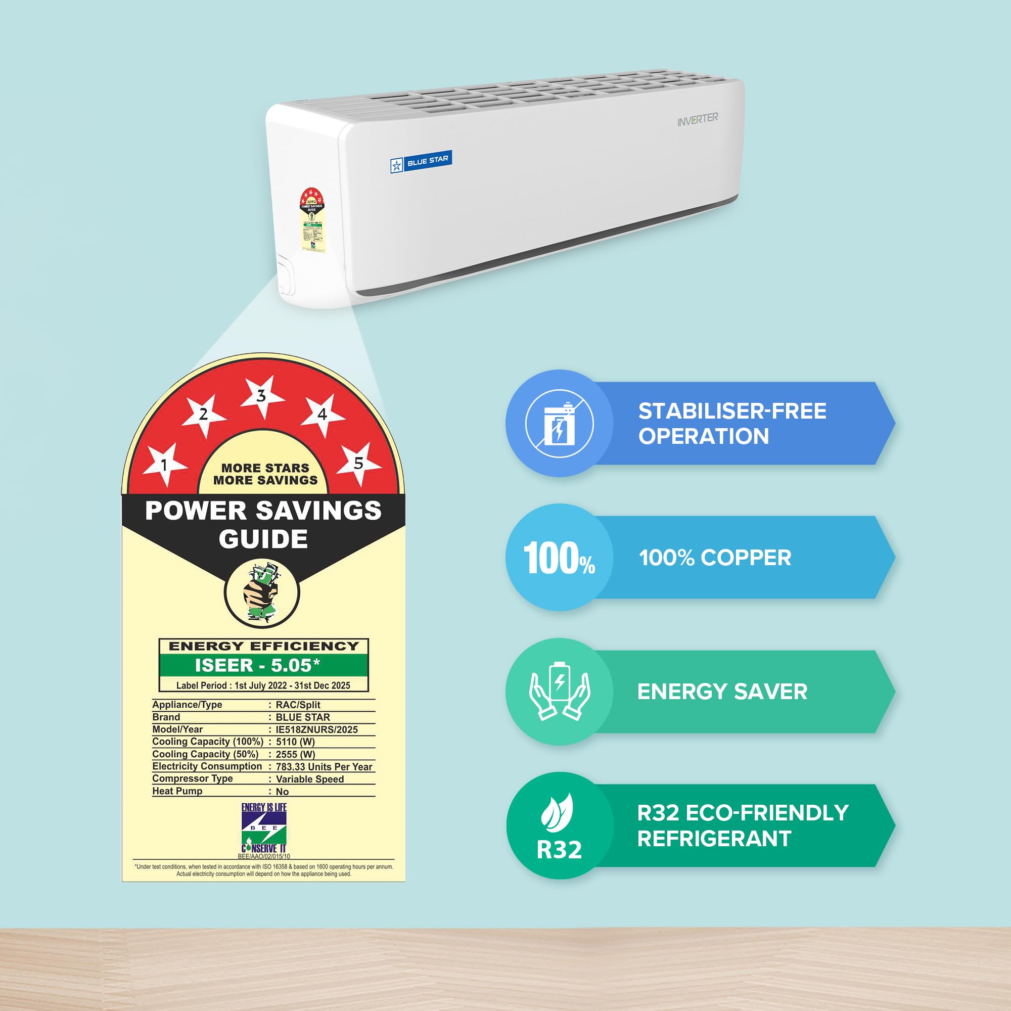 Blue Star 1.5 Ton 5 Star, 60 Months Warranty, Wi-Fi Smart Inverter Split AC (Copper, Convertible 5 in 1 Cooling, AI Pro, DigiQ Hepta Sensors, 4 Way Swing, IE518ZNURS, White) 3