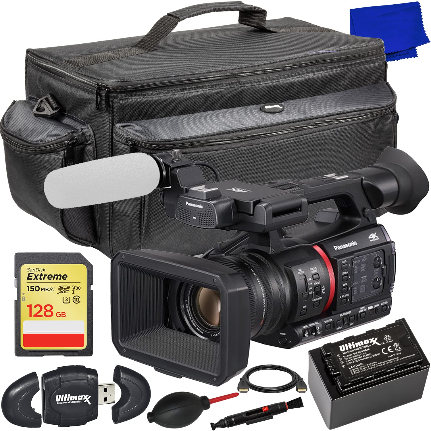 Ultimaxx Starter Bundle + Panasonic AG-CX350 4K Camcorder + SanDisk 128GB Extreme SDXC Memory Card, Extended Life Replacement Battery (6000 mAh), Water-Resistant Gadget Bag & More (17pc Bundle) 1