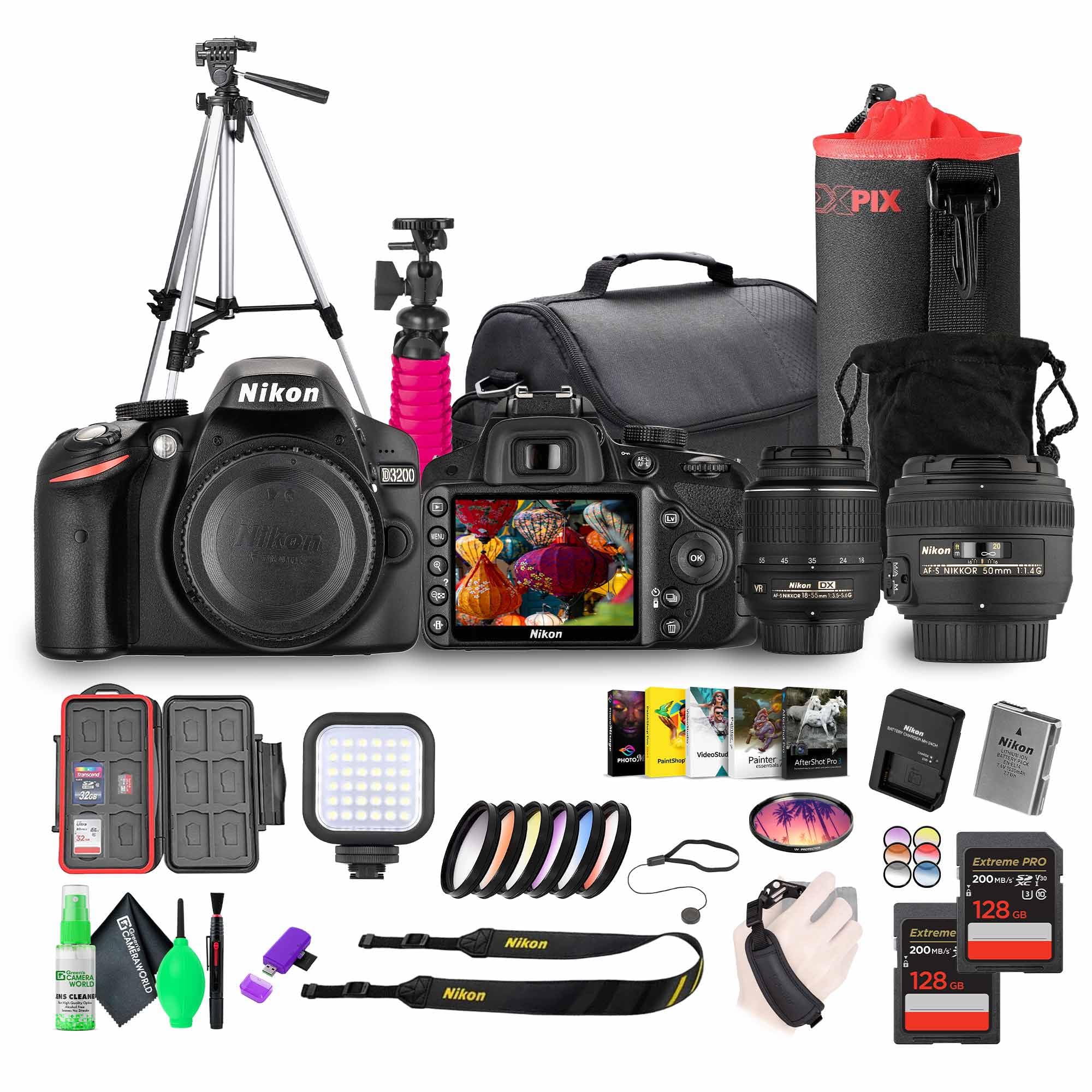 Nikon D3200 24.2MP DSLR Camera Kit with 18-55mm VR Zoom Lens – Full HD 1080p Video Capture, Fast 11-Point Autofocus System + Nikon 50 f/1.4G AF-S 58MM Lens + 72" Tripod + 128GB Memory Card + More 1