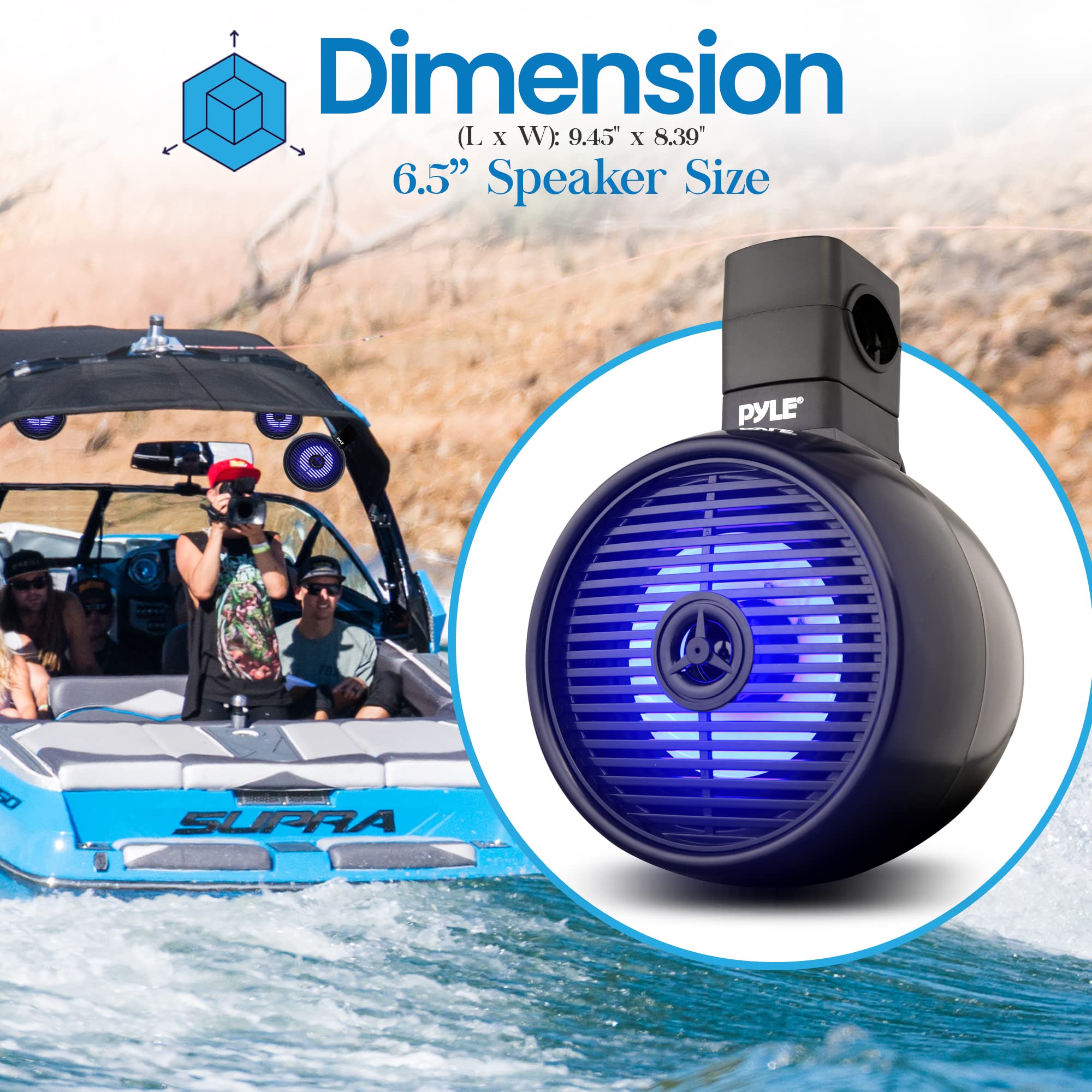 Pyle 6.5" Marine Wakeboard Speaker - 200W Waterproof 2-Way Mini Box System, LED Lights, Heavy Duty ABS Construction, Marine Grade Audio for Tubing and Roll-Cage Mounting (Black) 4