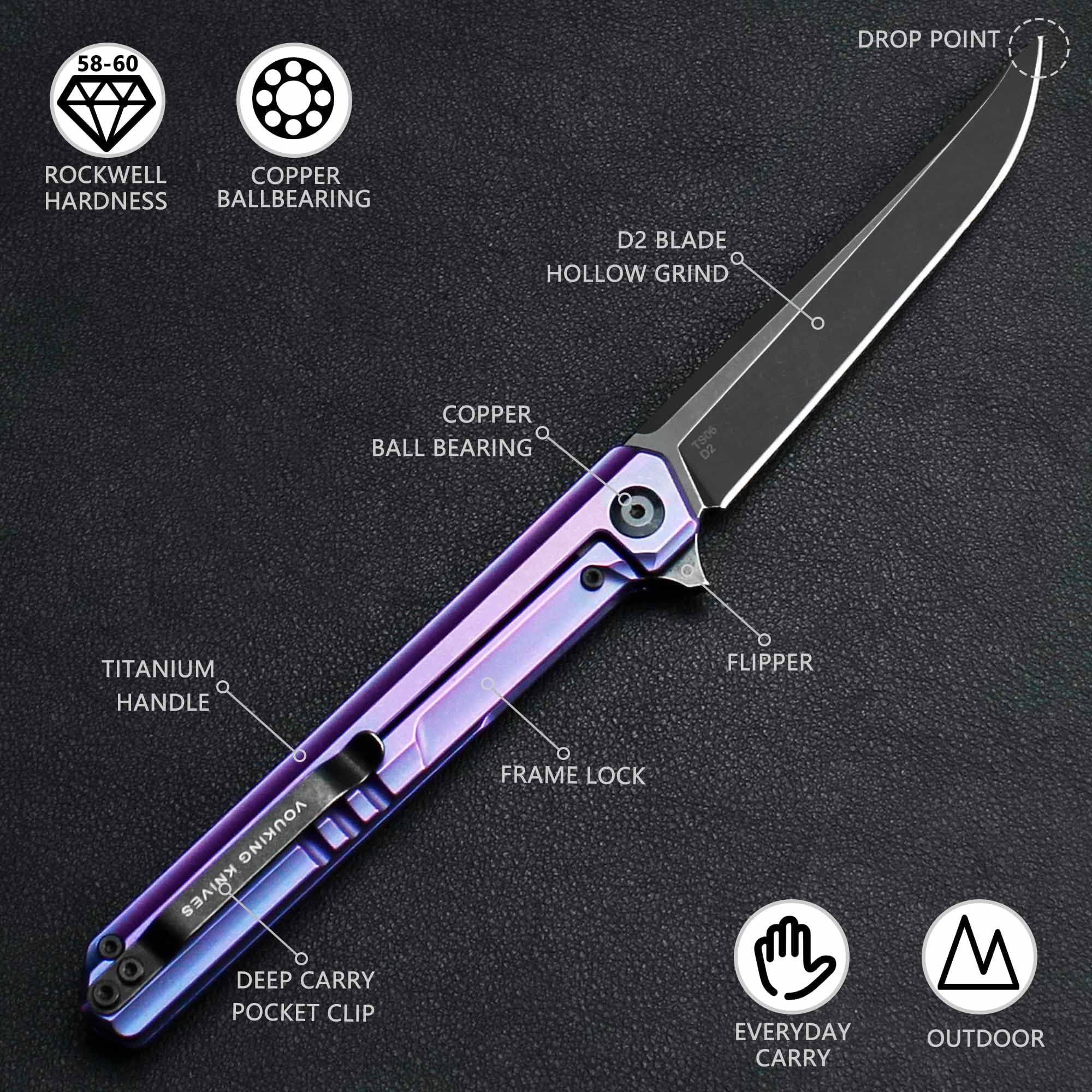 Carimee Titanium Handle Pocket Knife, Folding EDC Flipper Knife Gentleman's Carry Knife Gift Box Purple Titanium Handle With Water Proof Case and Stedemon Vouking Collabration 4