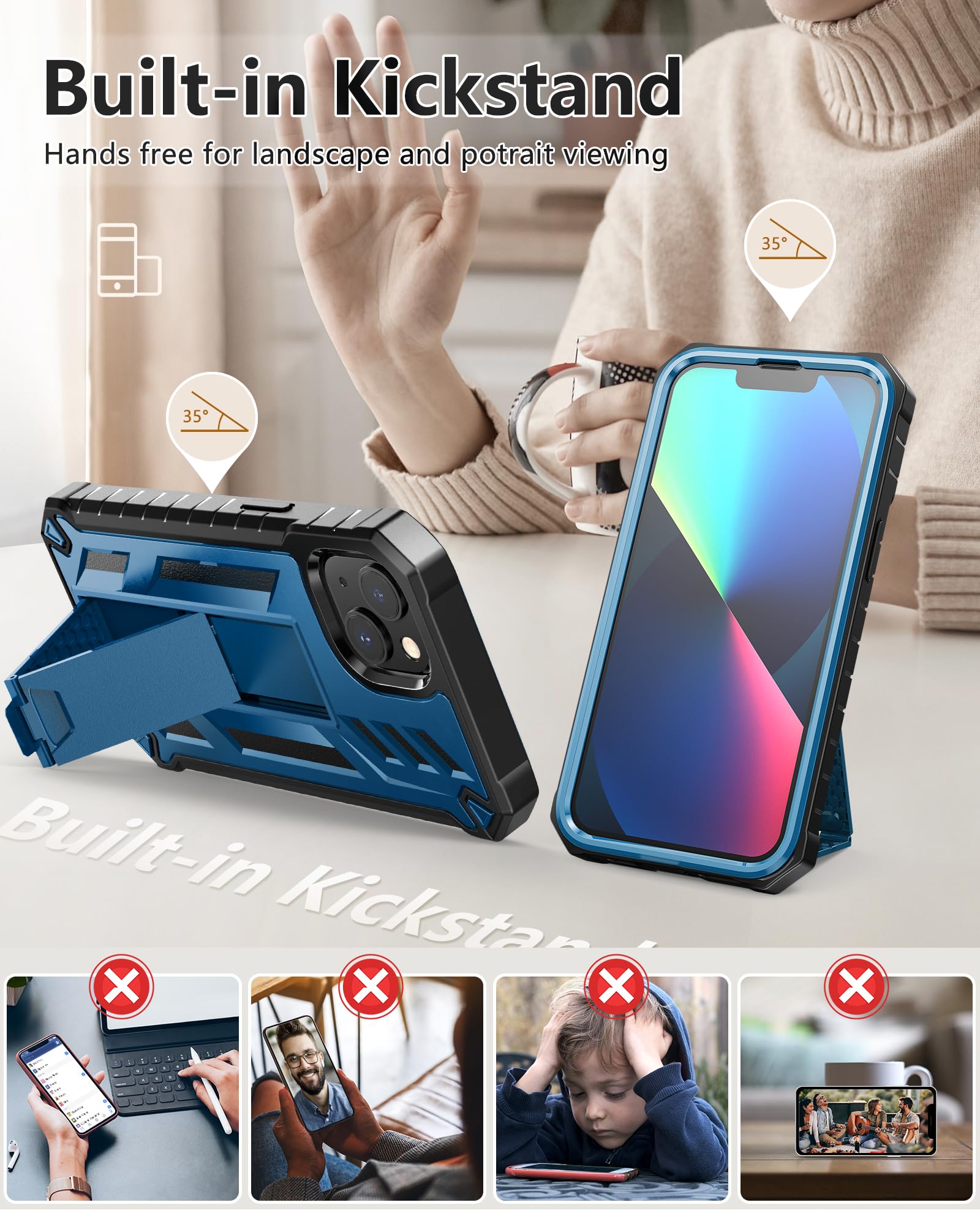 for iPhone 13/14/15 Phone Case: for iPhone 16e Protective Cover with Belt Clip Holster | Durable Dual-Layer Design with Built-in Kickstand | Heavy Duty Military Grade Hard Protection Shock Proof 3