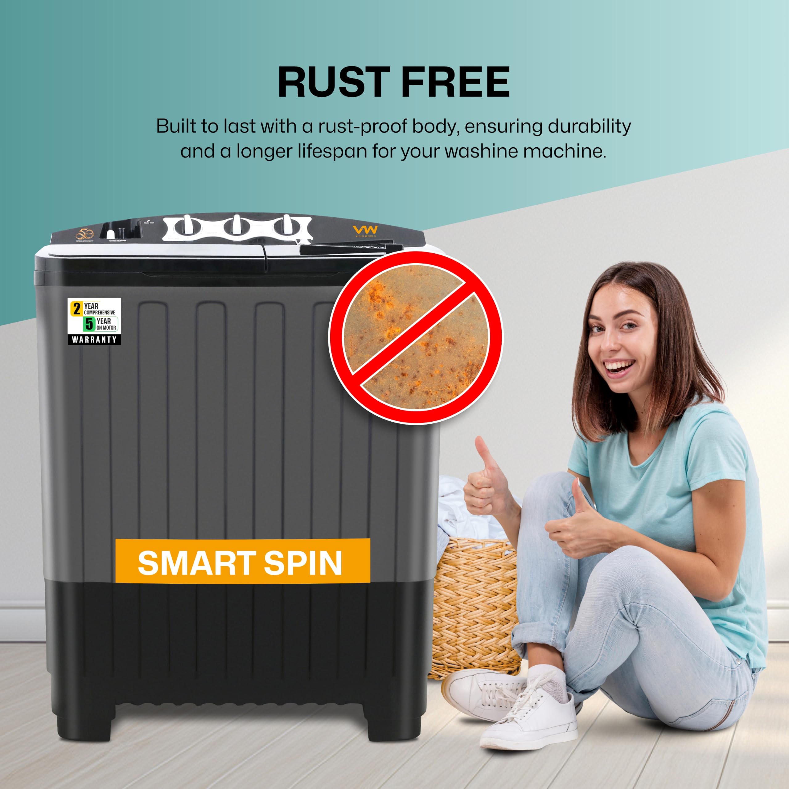VW 7.5 kg 5 Star Aqua Spin Semi Automatic Top Load Washing Machine AquaSpin0075P (Black) 6