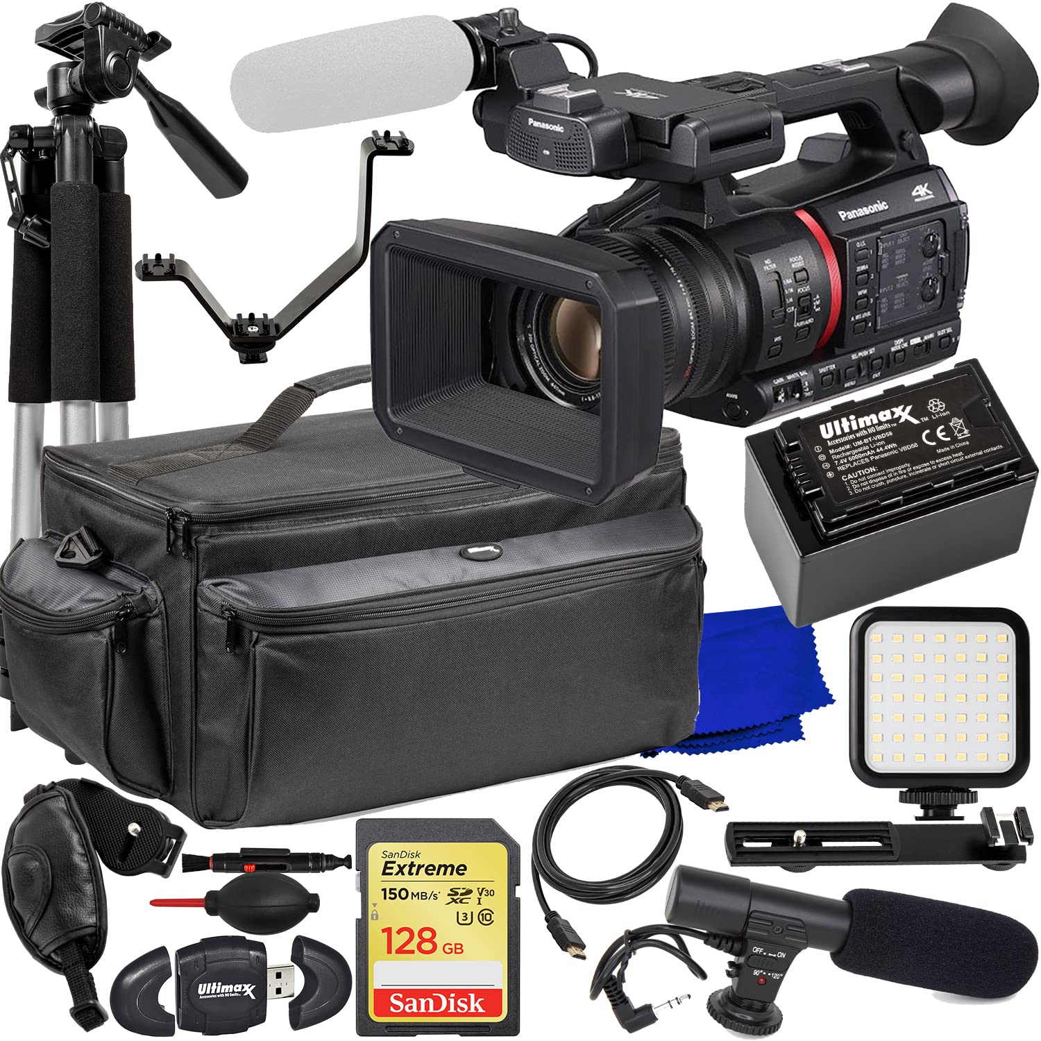 Ultimaxx Advanced Bundle + Panasonic AG-CX350 4K Camcorder + SanDisk 128GB Extreme SDXC Memory Card, Condenser Microphone, Spare Battery, Lightweight Tripod, LED Light Kit & Much More (22pc Bundle) 1
