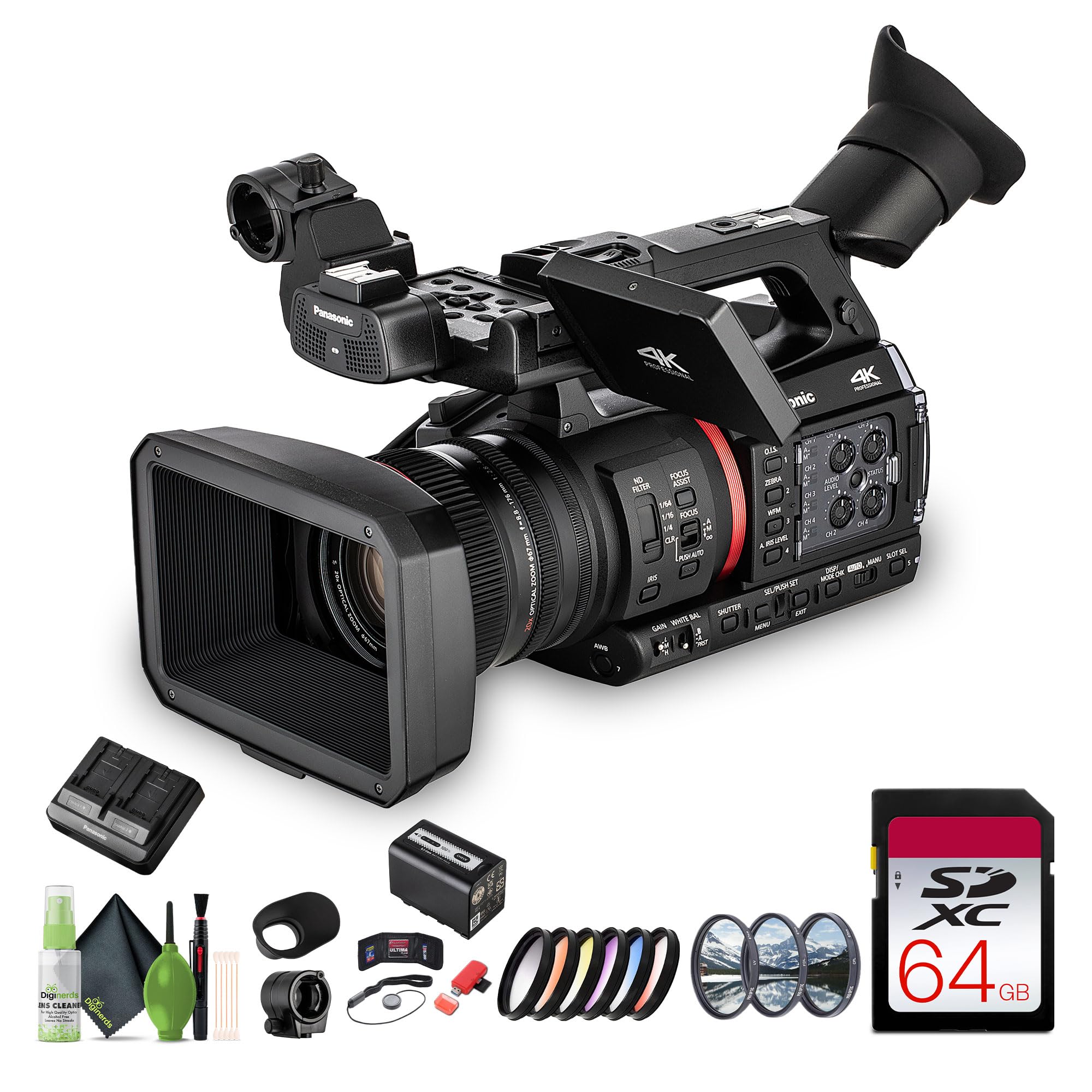 Panasonic AG-CX370 UHD 4K Pro Live Streaming Camcorder with NDI HX2 and Auto-Tracking Bundle with 64GB Memory Card + 67mm 3 Piece Filter Kit + Graduated Color Multicoated Filter Set + More 1