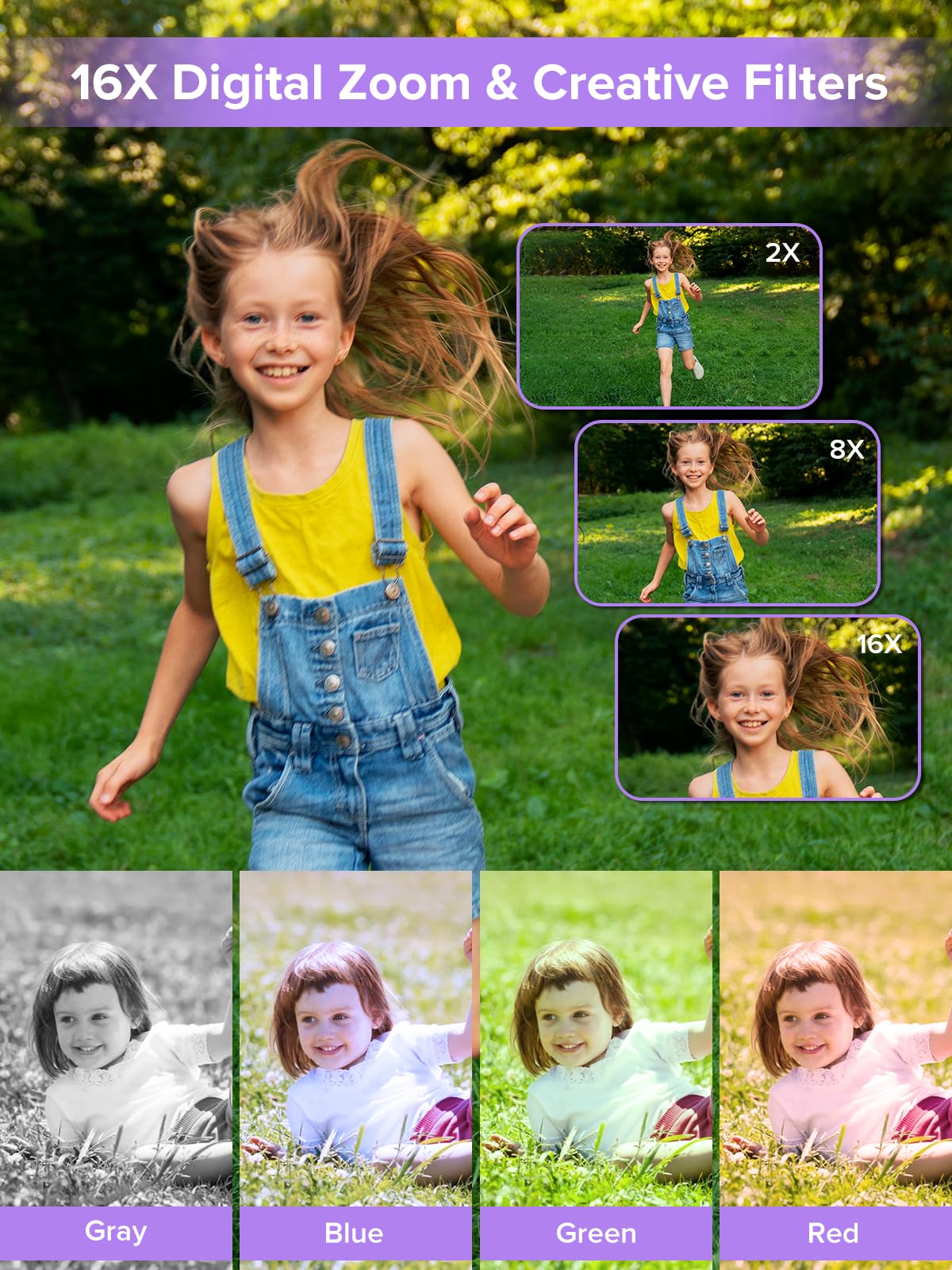 Digital Camera, Kids Camera1080P, Vlog Camera with 64GB Card, 16X Zoom Anti Shake, Card Reader, 44MP Compact Portable Small Point Shoot Digicam Gift for Kid Student Children Teen Girl Boy(Pruple) 5
