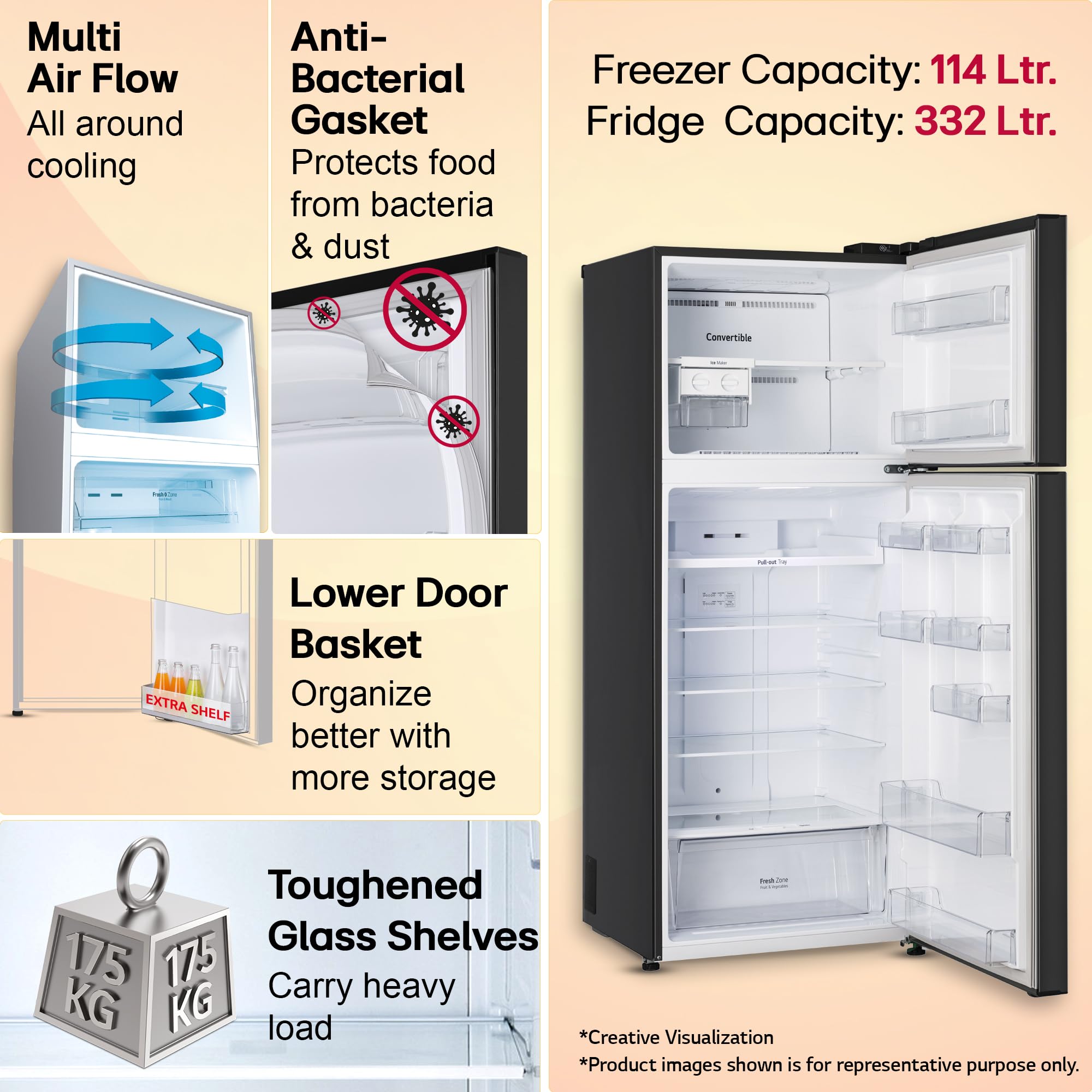 LG Smart Choice, 446 L, 1 Star, Convertible, Door Cooling+, Smart Inverter Compressor, Frost Free Double Door Refrigerator (GL-T502CESR, Ebony Sheen, Express Freeze & Multi Air Flow) 3
