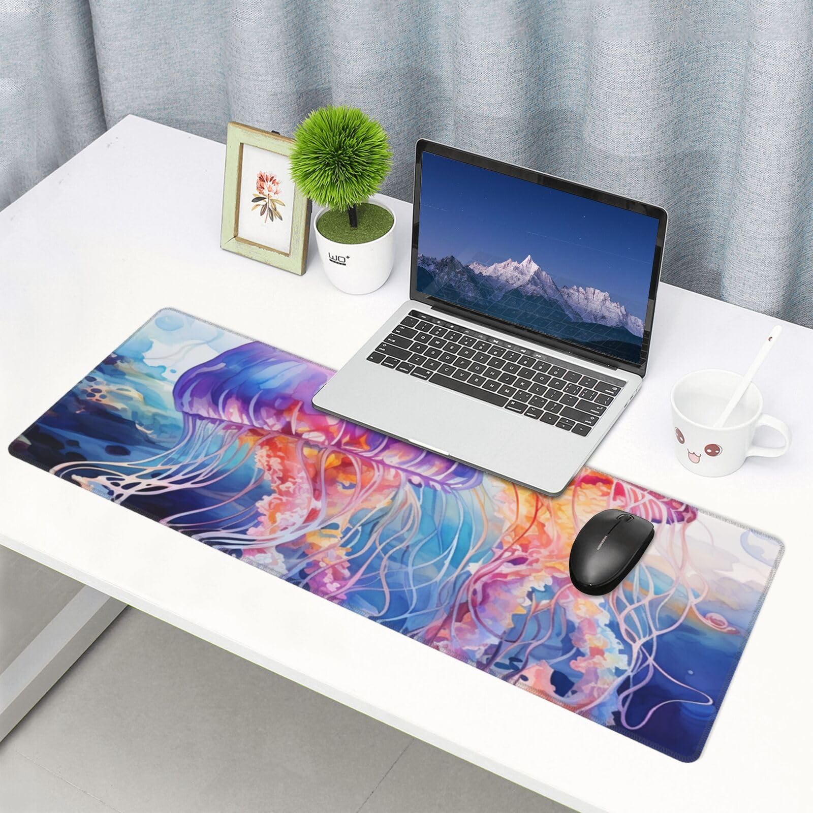 Famame Laptop Mouse Pad Beautiful Jelly Fish Desk Mat with Stitched Edges 31.5X 11.8 inch Non-Slip Large Keyboard Rubber Writing Table Mat for Office Home 5