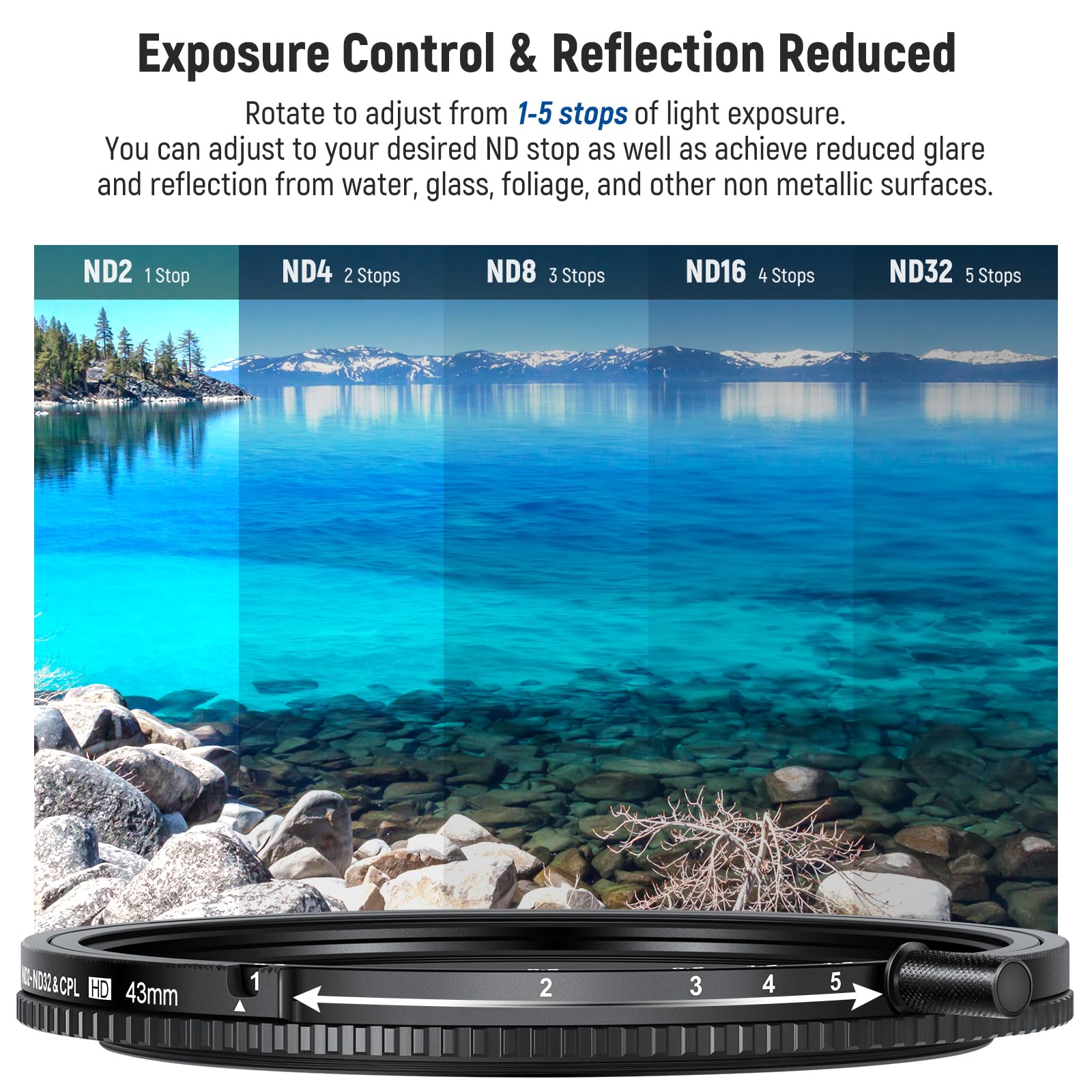 NEEWER 43mm True Colors Variable ND Filter ND2-ND32 & CPL, 2 in 1 Adjustable Neutral Density and Circular Polarizing Filter, Multi Coated HD Optical Glass/Aluminum Frame 5