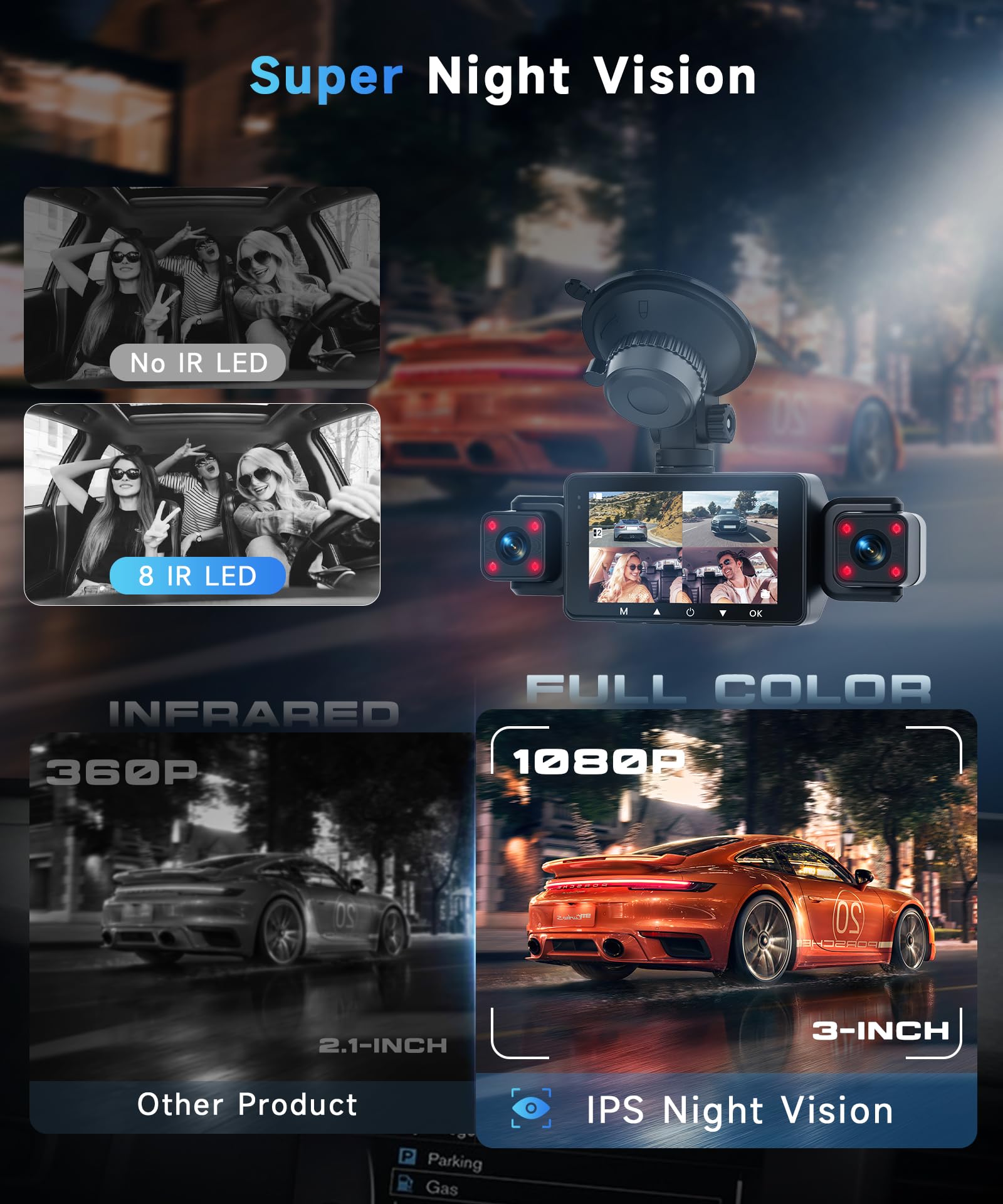 Orderich 4 Channel 360° Dash Camera Front and Rear Inside Left Right, 3 Inch Dash Cam Support WiFi, Built-in Night Vision Sensitive Motion Detection 24/7 Recording Parking Mode Monitor Reversing Help 5