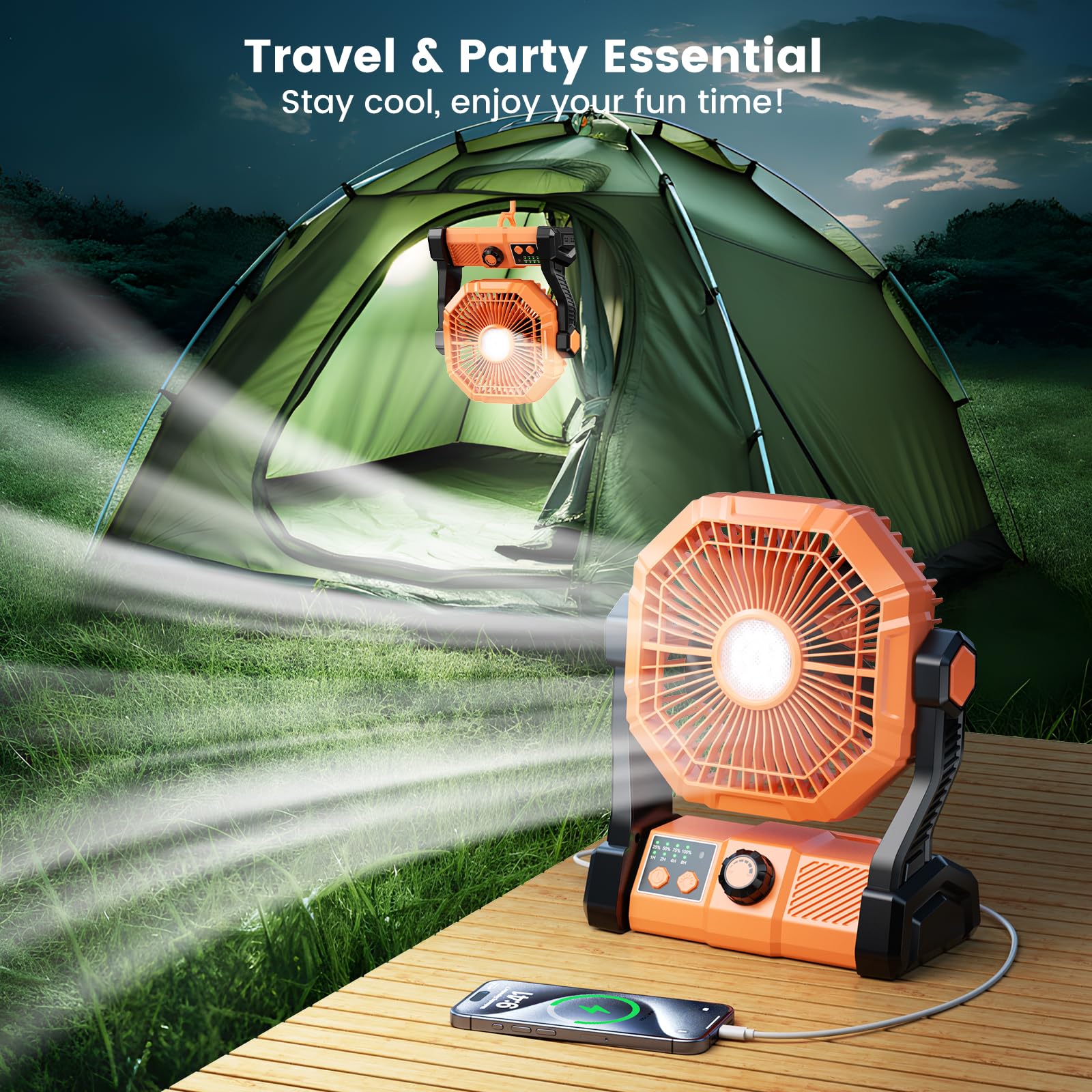 BINUYASHA Camping Fan With 8 Speeds, 10000mAh Battery Operated Fan With LED Lantern, Outdoor Portable Fans For Camping With Remote, Timing, Hook 3